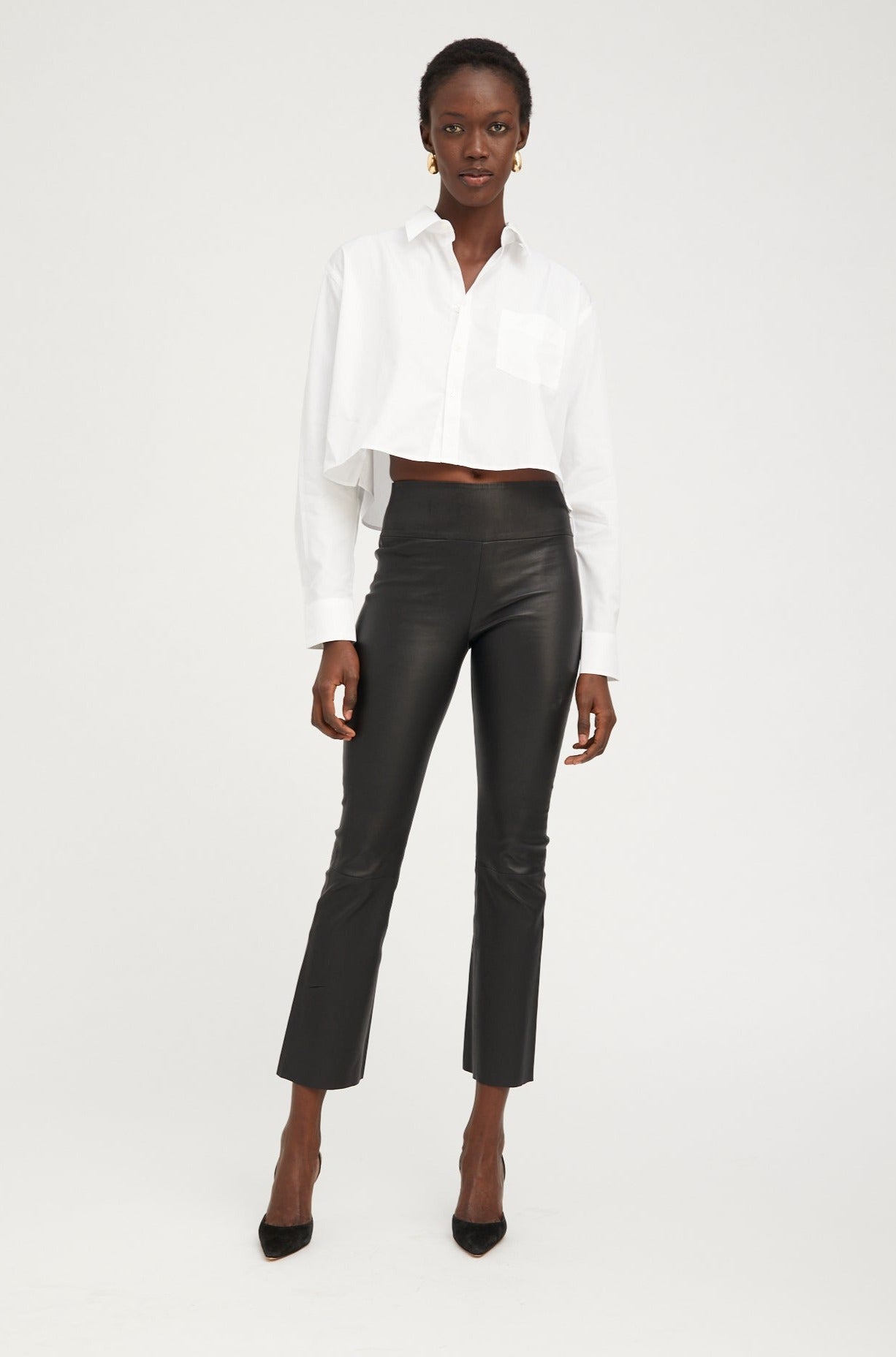 SPRWMN Ankle Crop Flare High Waist Leather Pants in Black