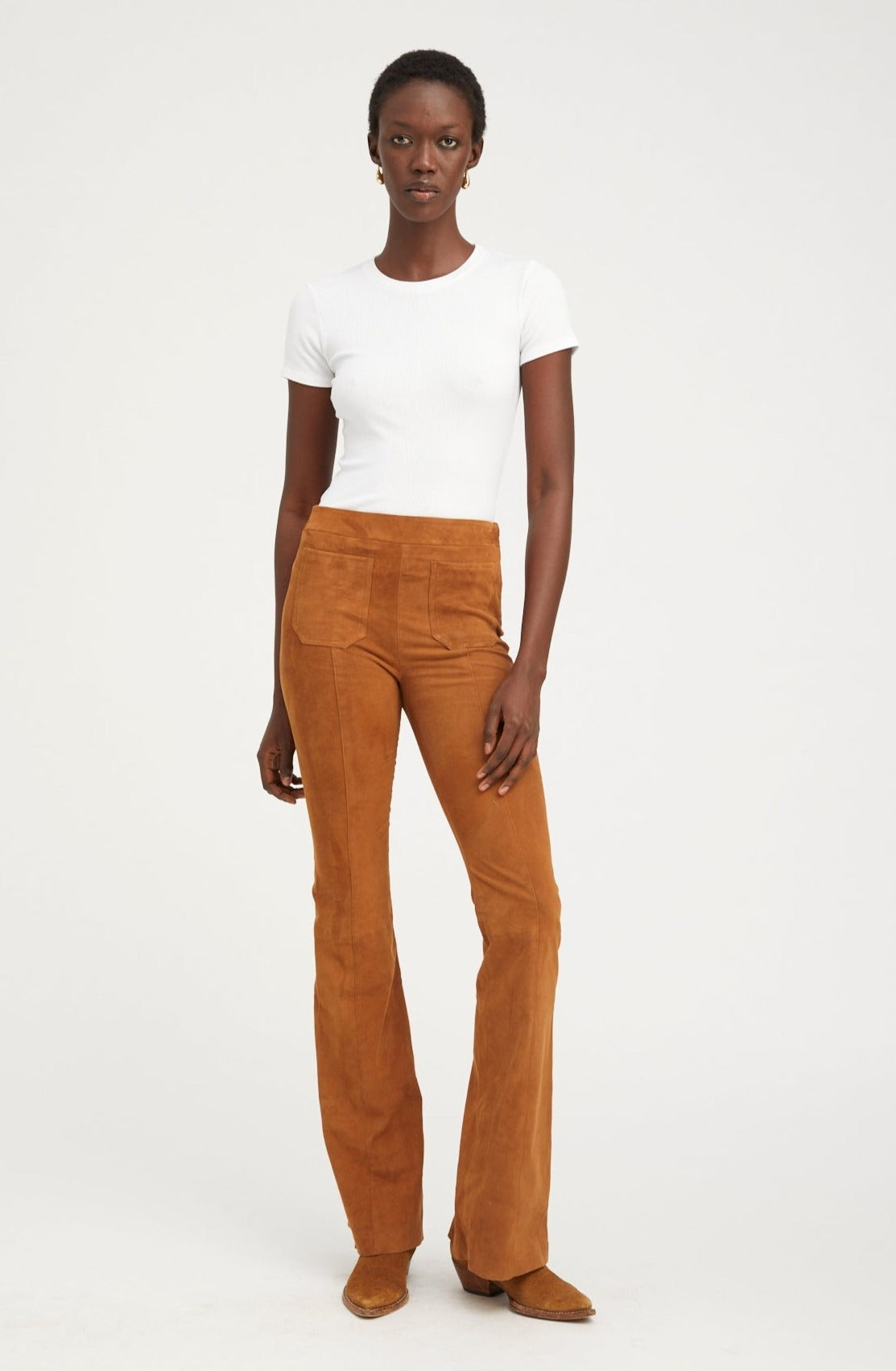 Dark Cognac Suede Patch Pockets Super Flare Pants
