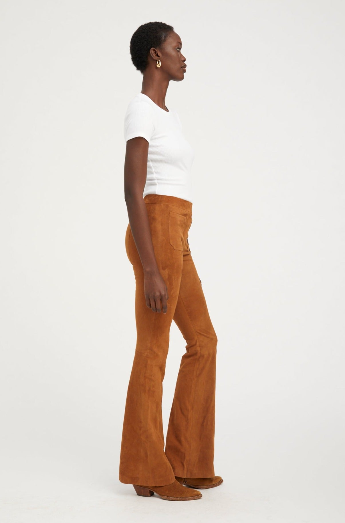 Dark Cognac Suede Patch Pockets Super Flare Pants