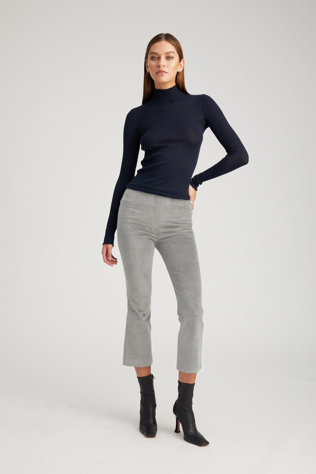Grey Corduroy Crop Flare Pants
