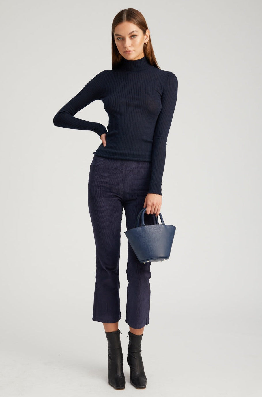 Navy Corduroy Crop Flare Pants