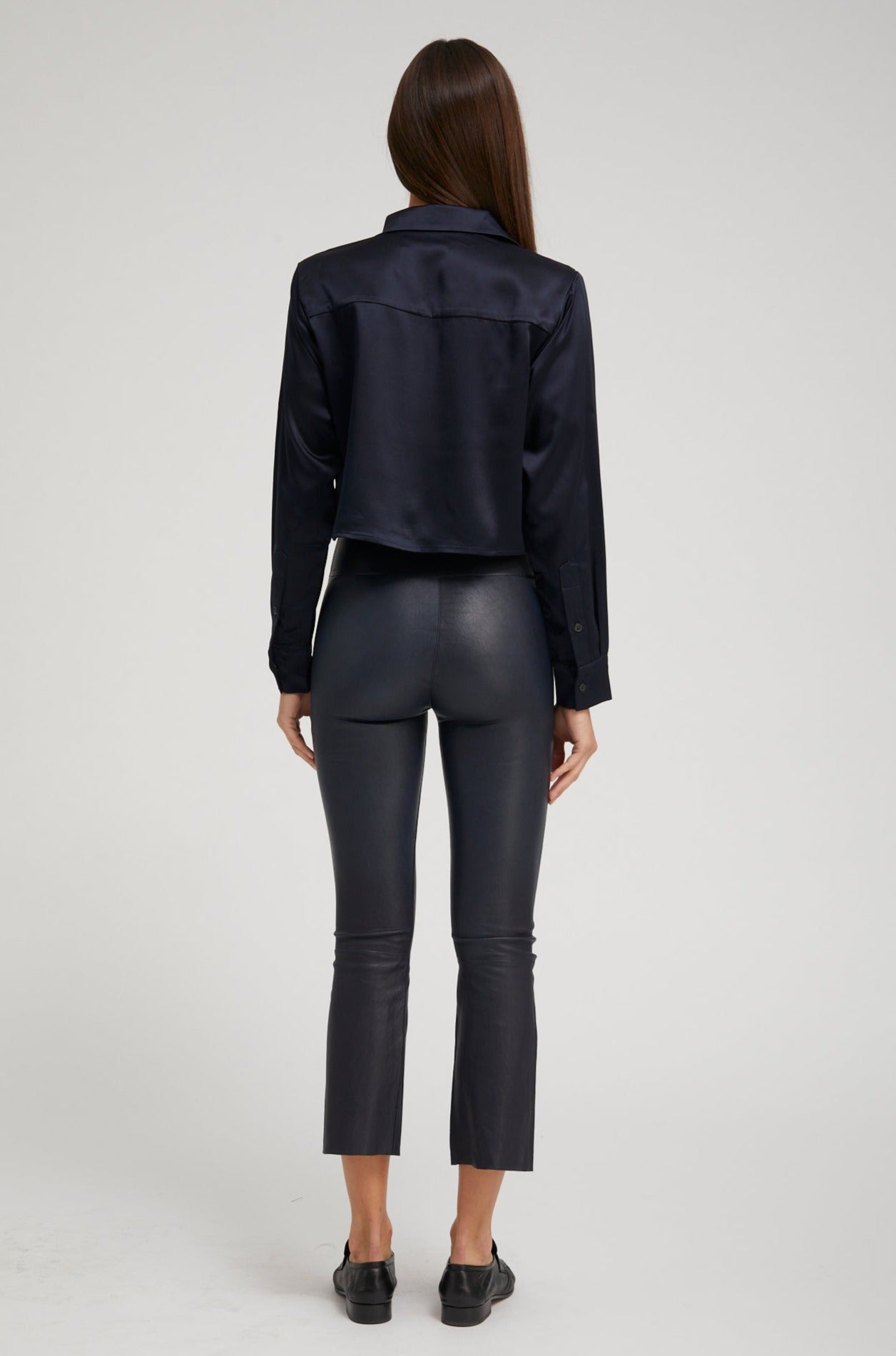 Navy Silk Cropped Button Down