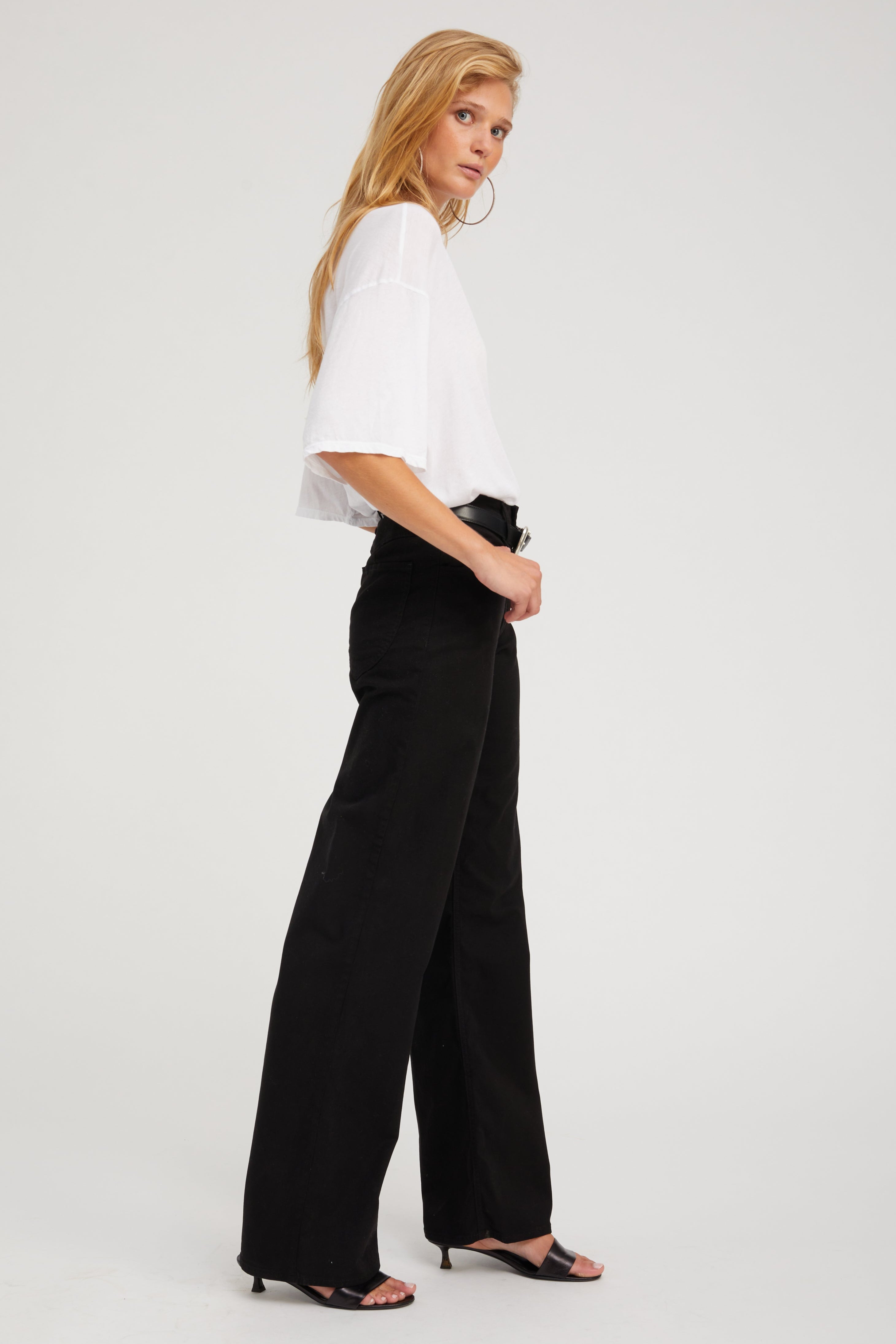Black Mid-Rise Wide Leg Twill Pant