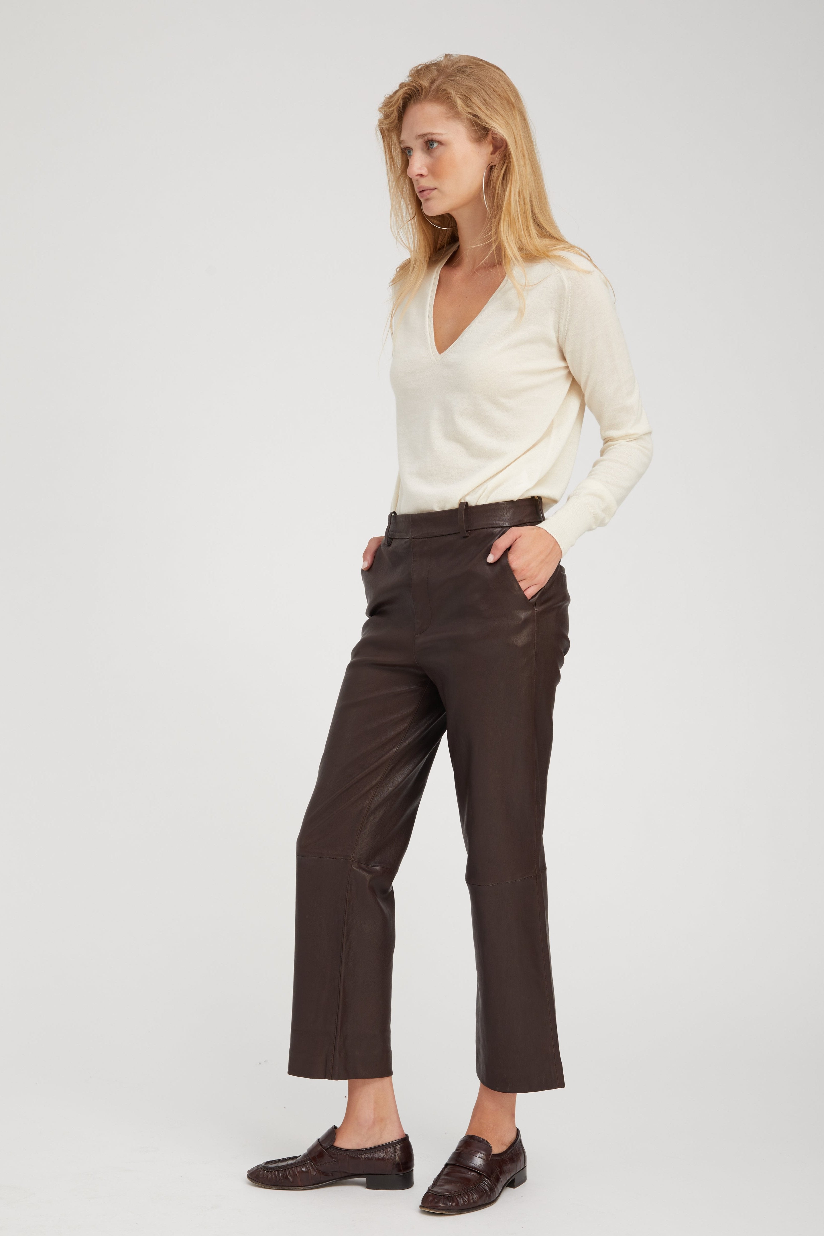 Dark Chocolate Leather Cropped Trousers