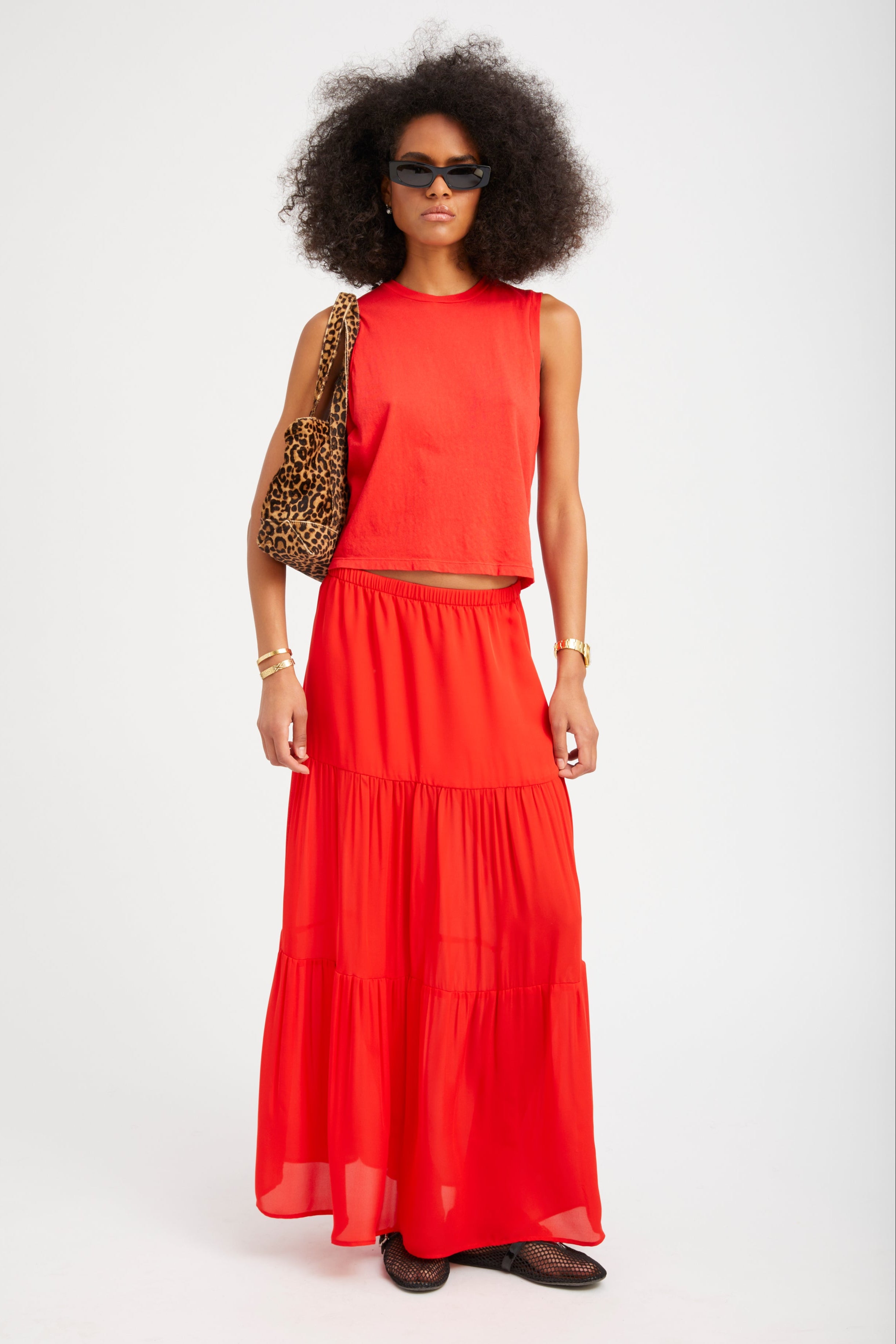 Red Silk Tiered Maxi Skirt