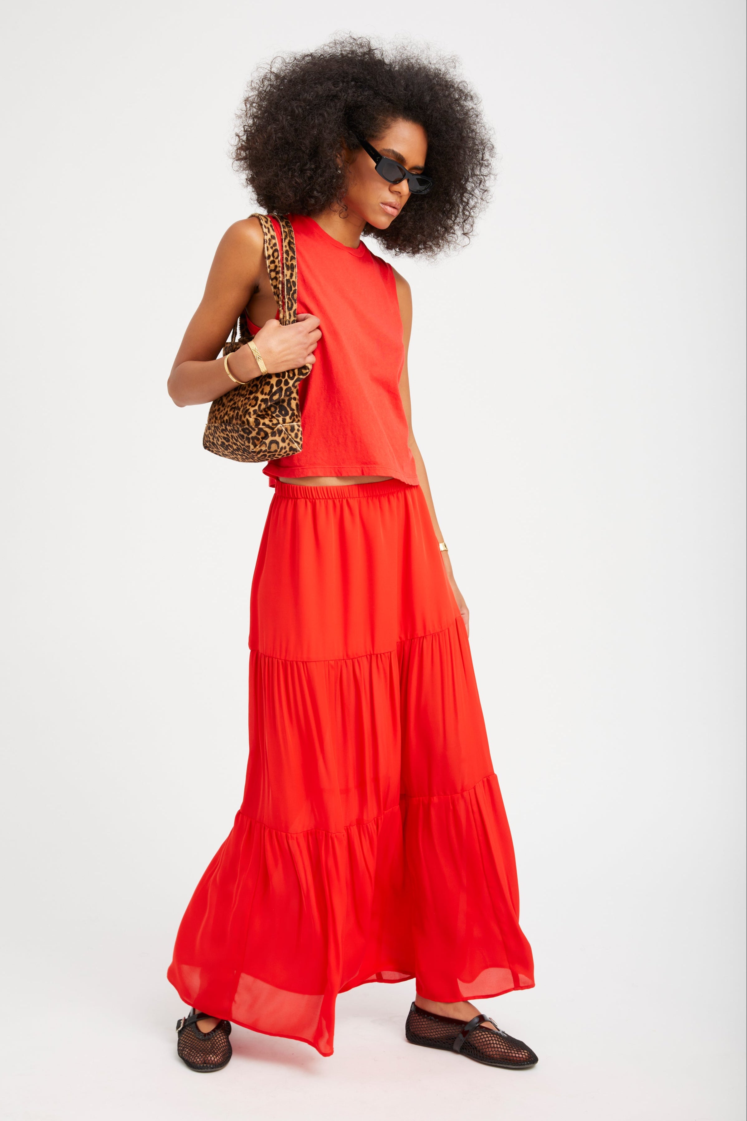 Red Silk Tiered Maxi Skirt