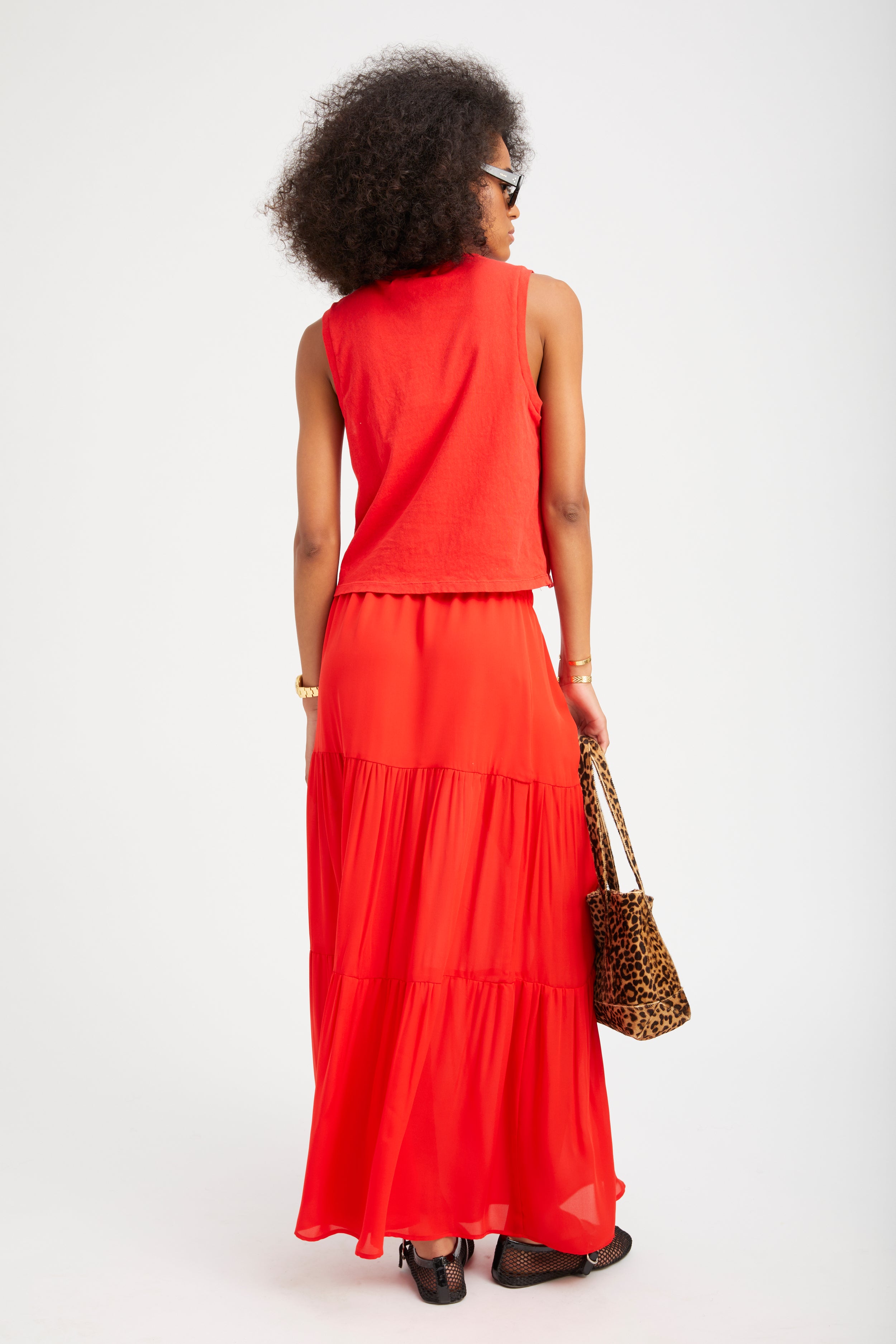 Red Silk Tiered Maxi Skirt