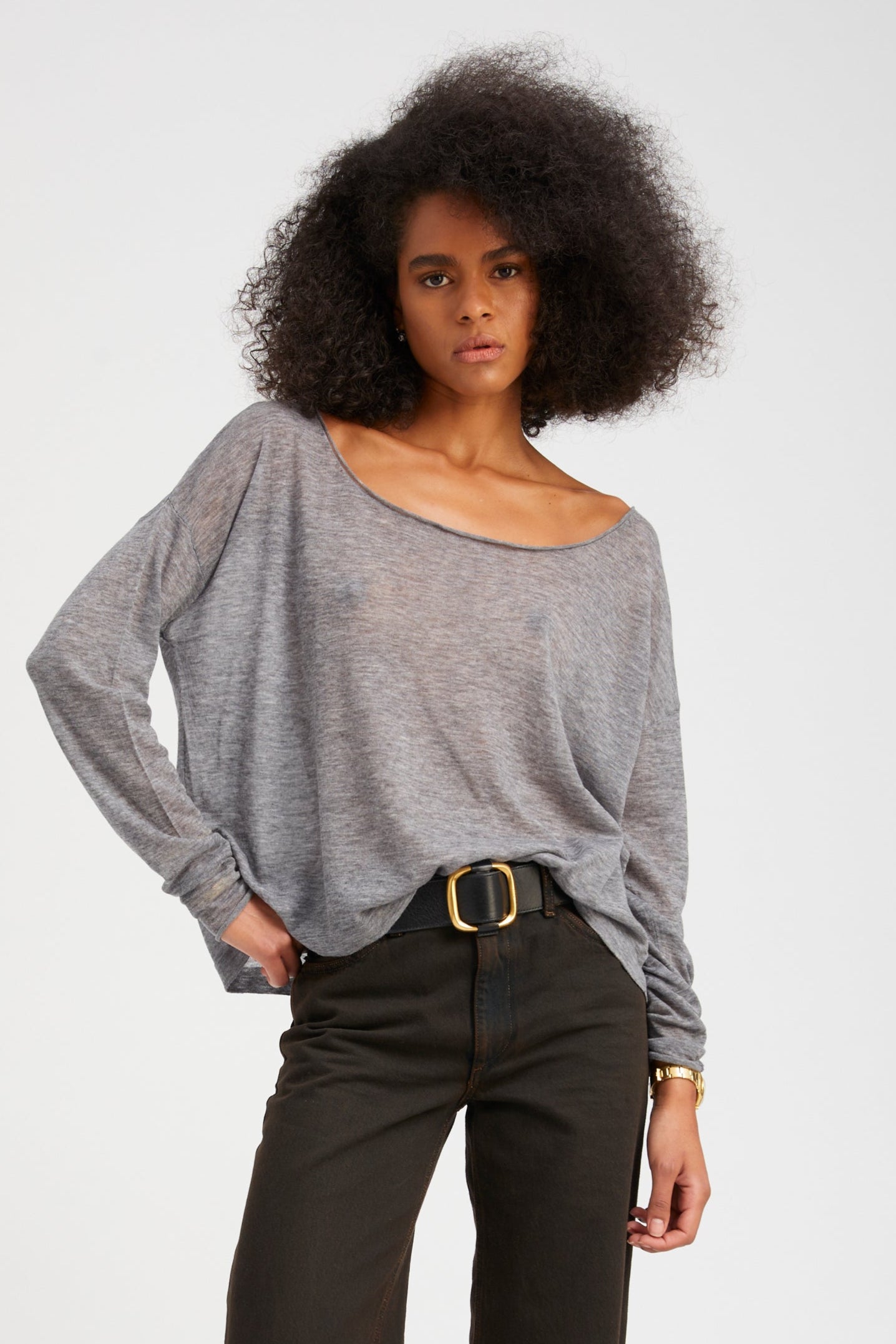 Grey Tissue Cashmere Off-Shoulder Top