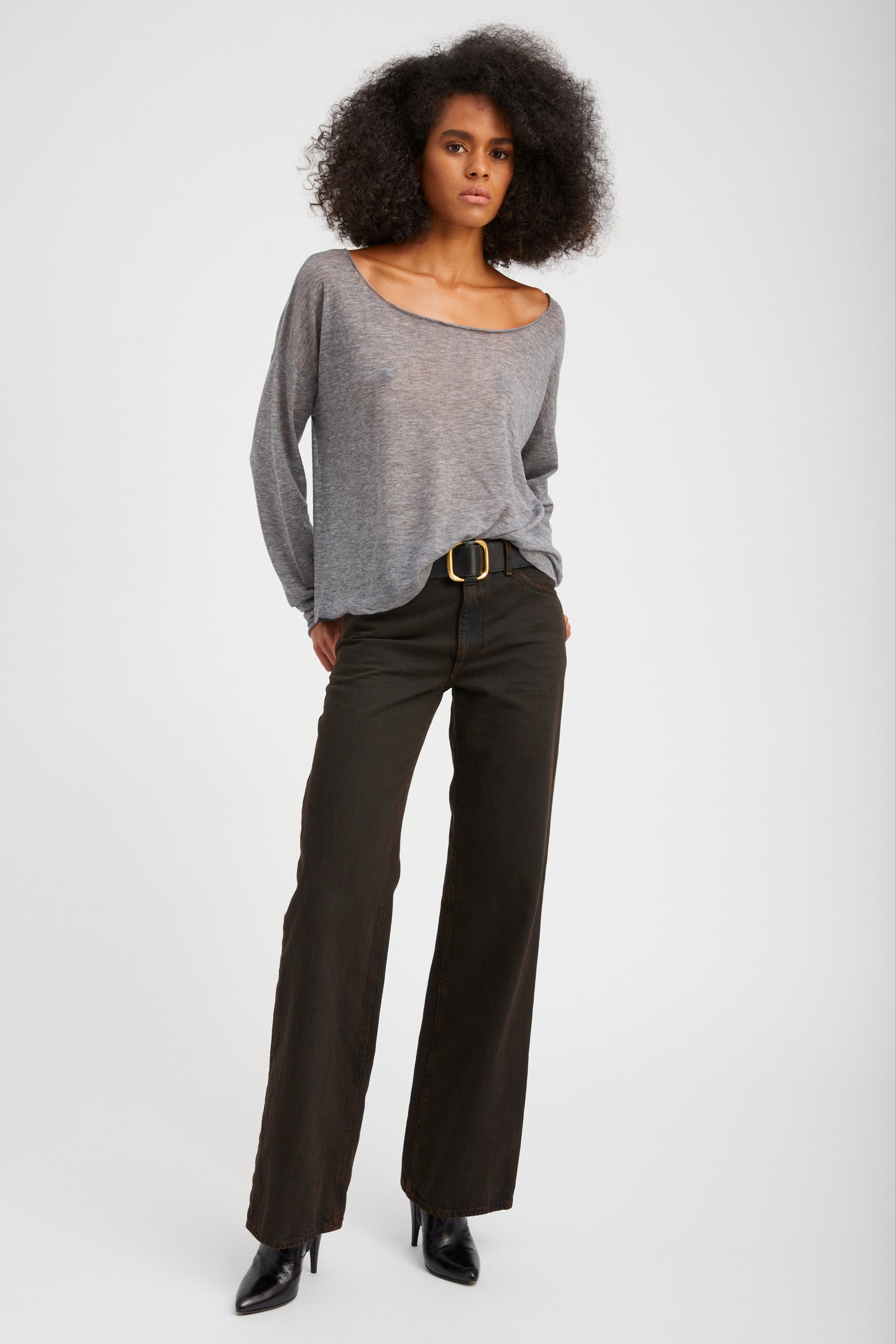 Grey Tissue Cashmere Off-Shoulder Top