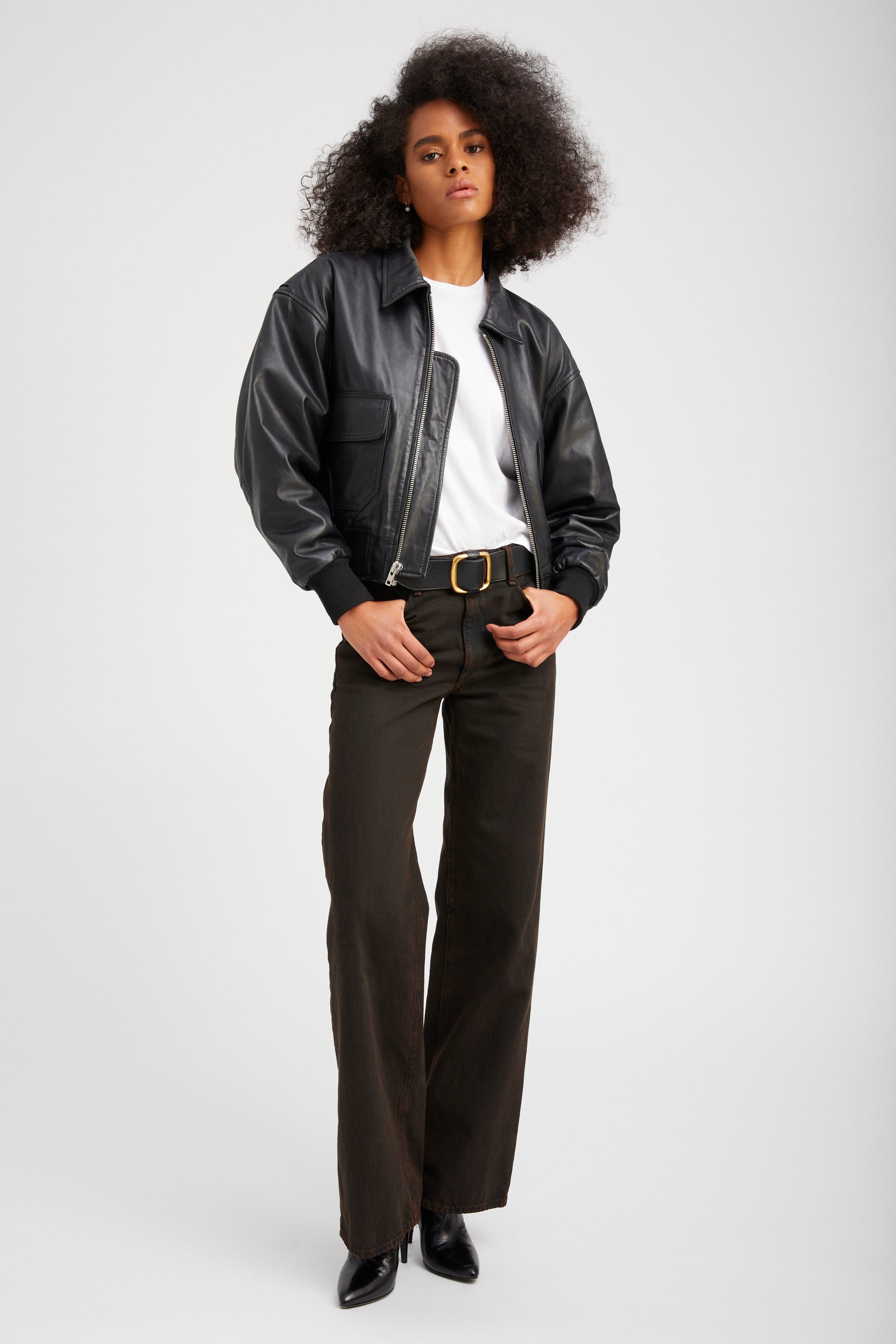 Black Leather Cropped Aviator Bomber