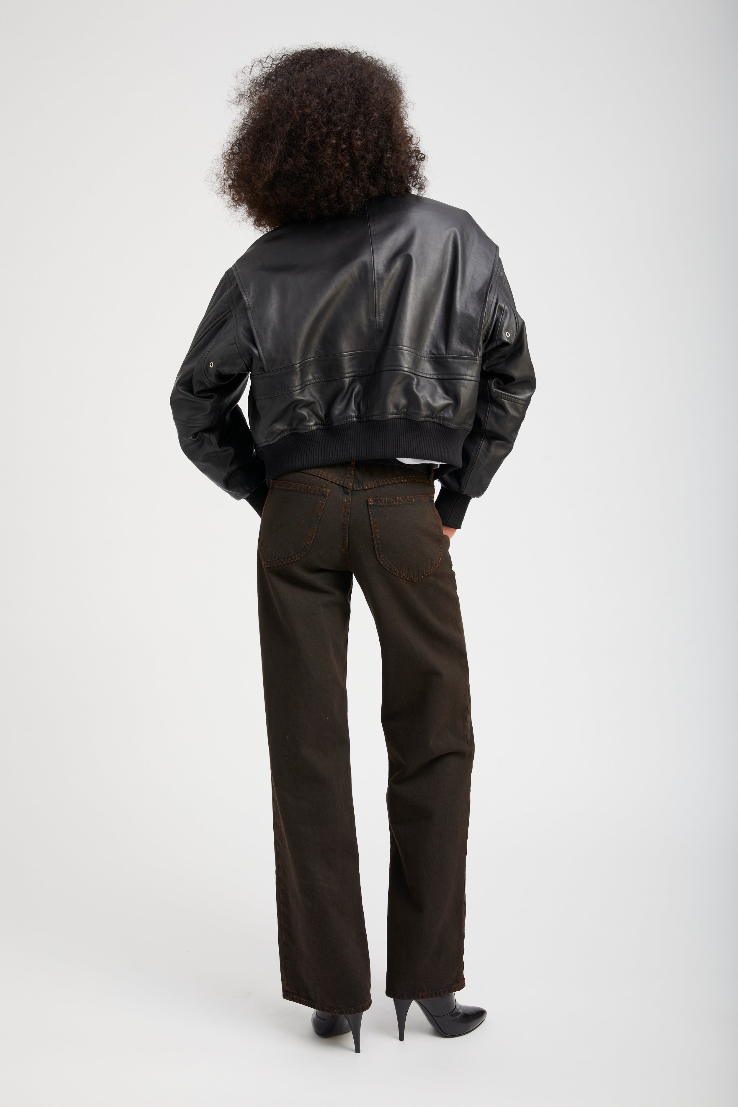 Black Leather Cropped Aviator Bomber