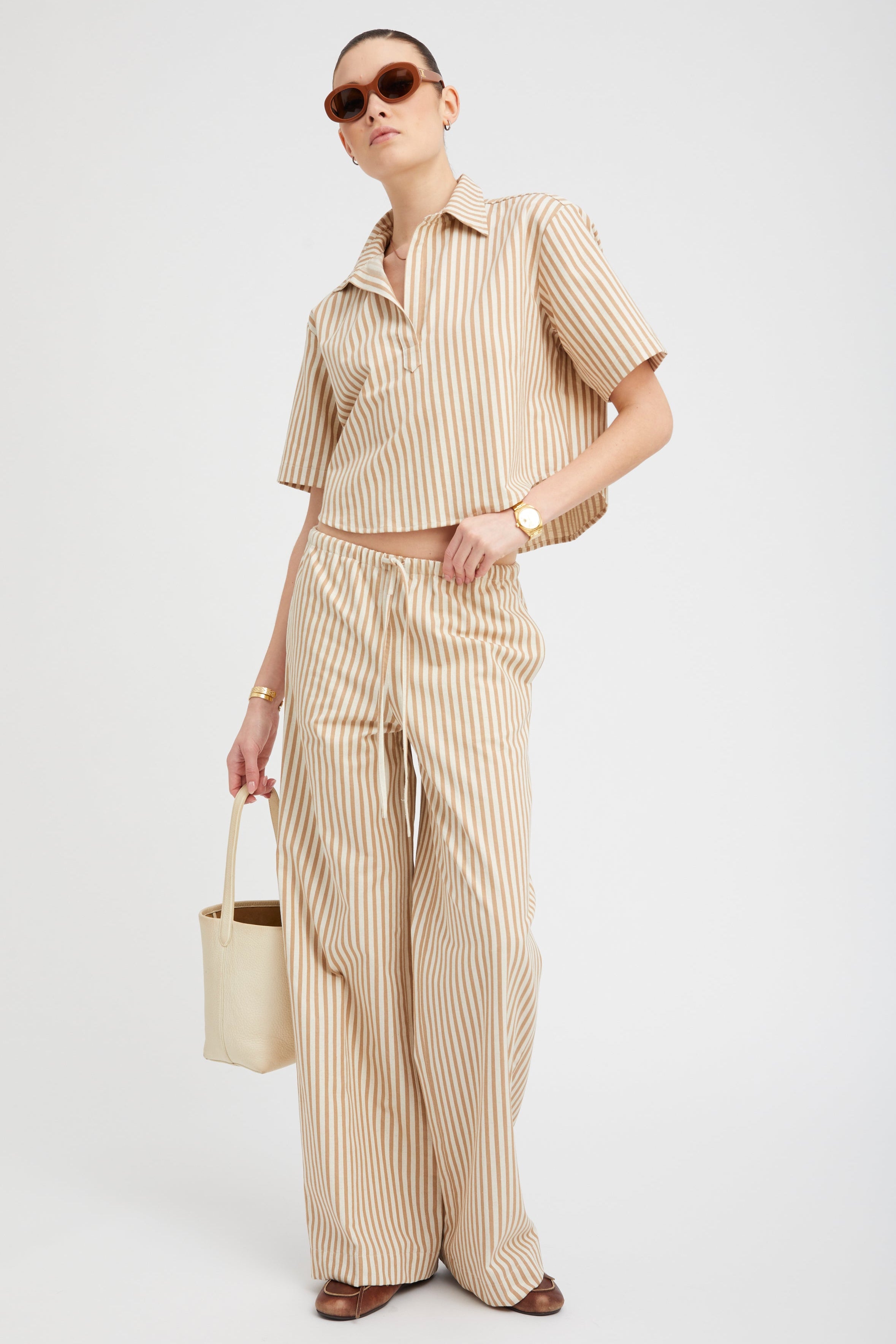 Camel Stripe Linen Drawstring Pants