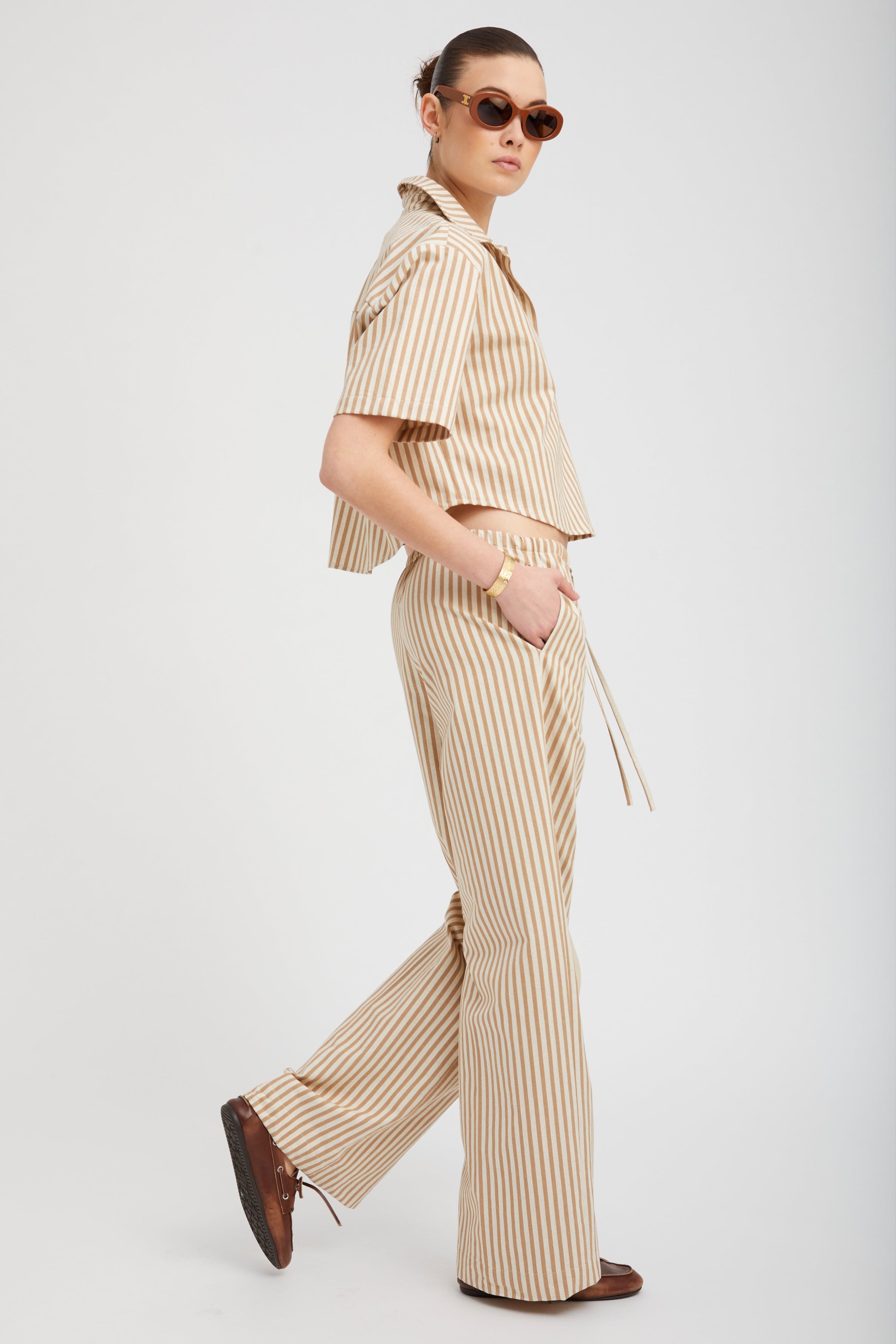 Camel Striped Linen Cropped Henley