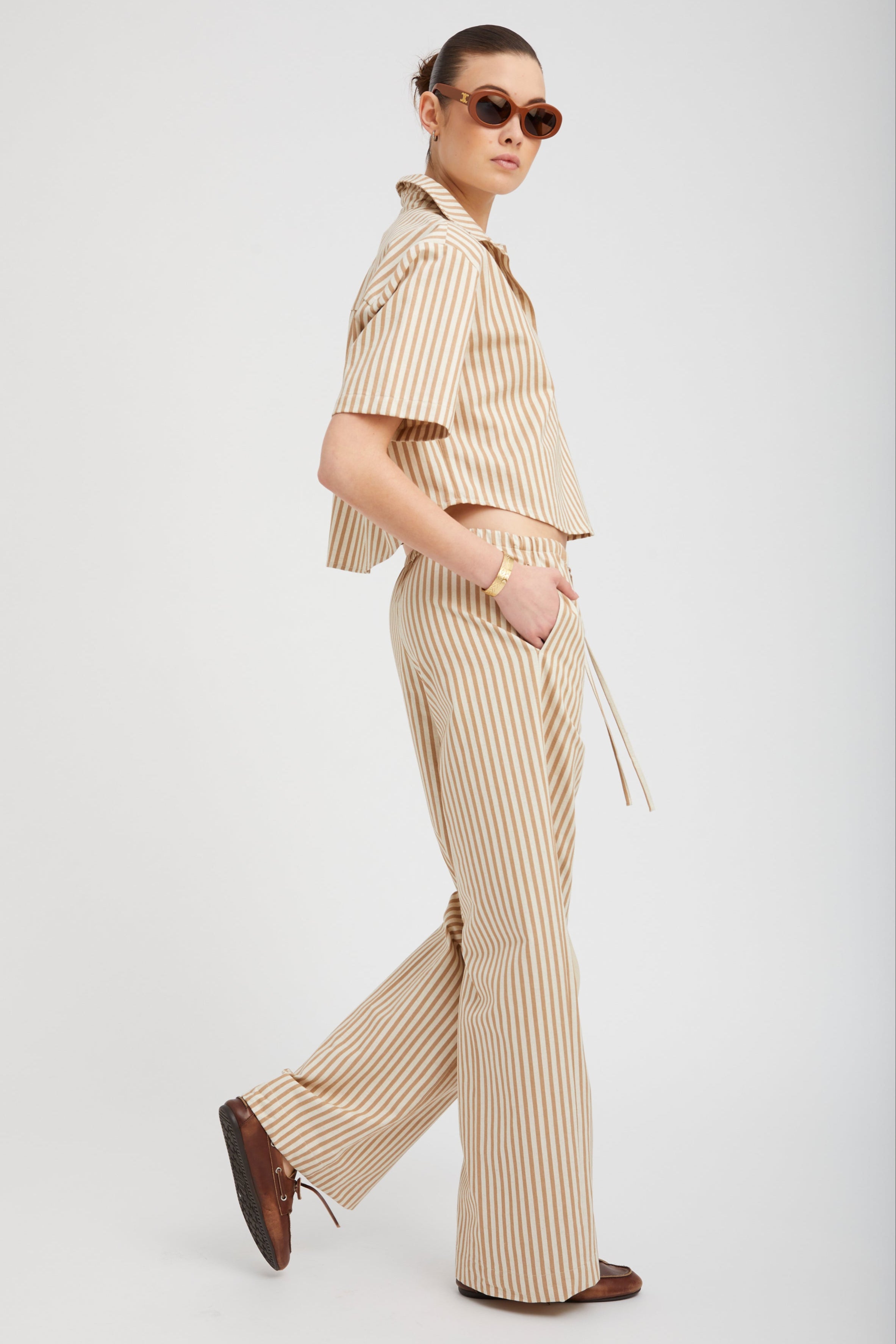Camel Stripe Linen Drawstring Pants