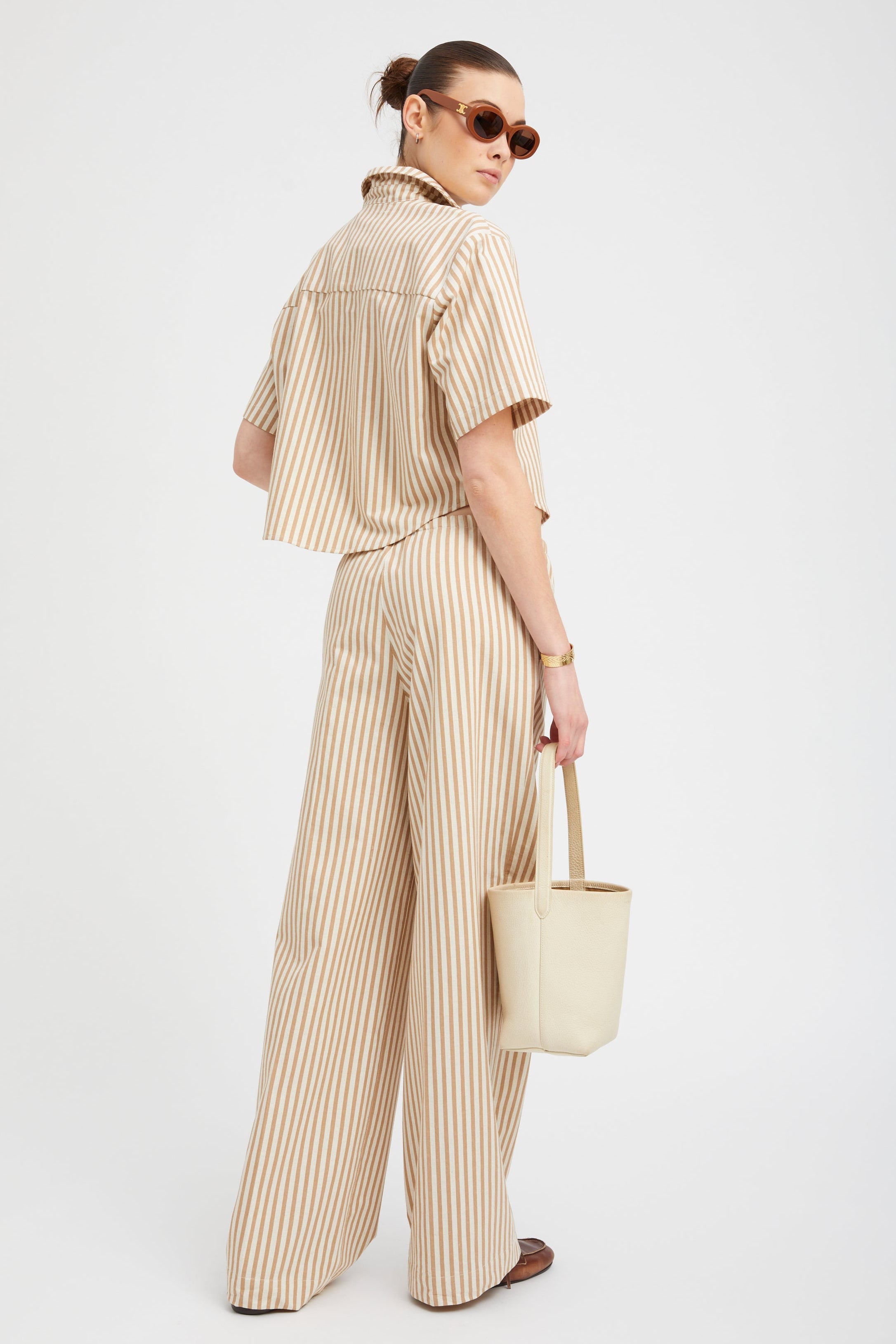 Camel Striped Linen Cropped Henley
