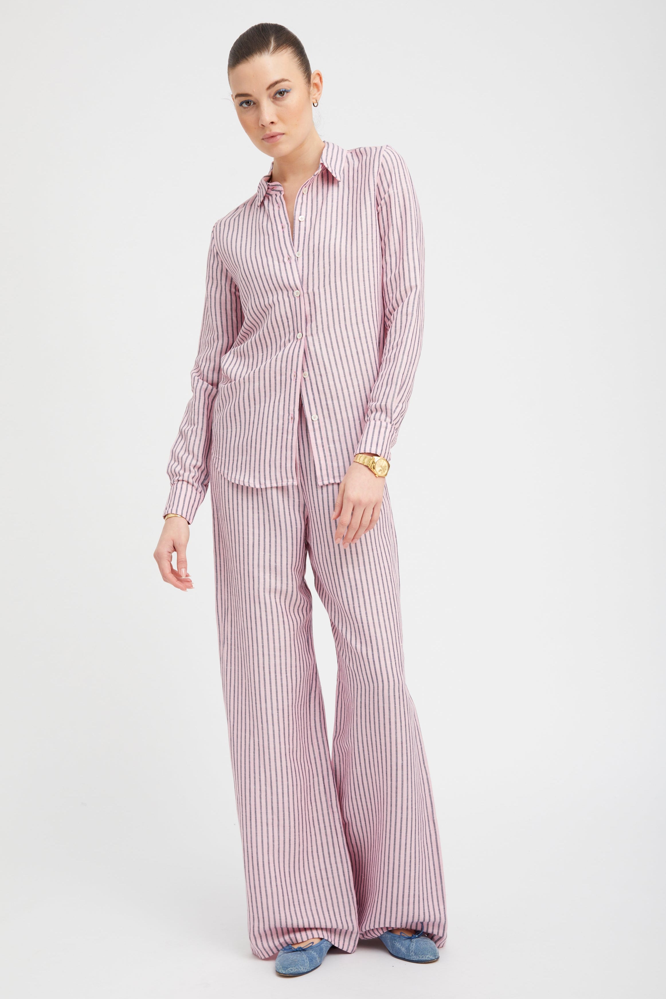 Pink Indigo Striped Linen Easy Pants