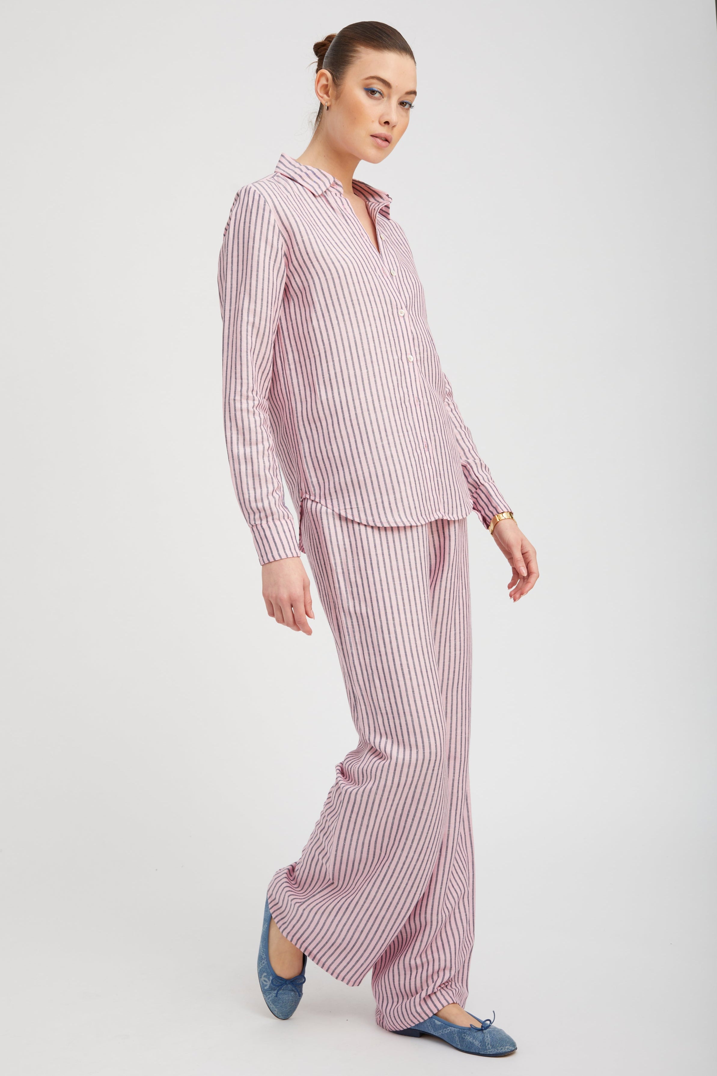 Pink Indigo Striped Linen Easy Pants
