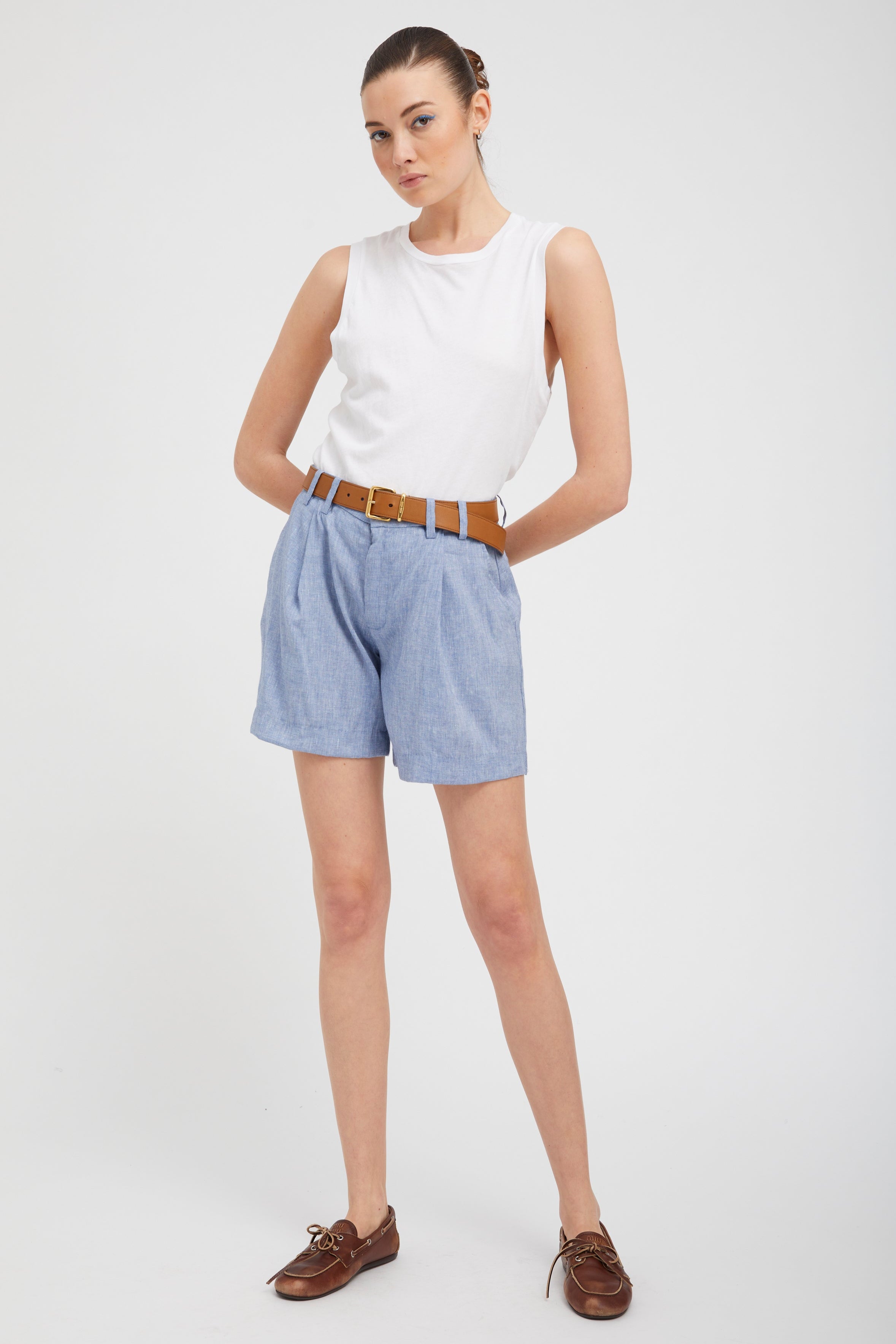 Blue Linen Pleated Trouser Shorts