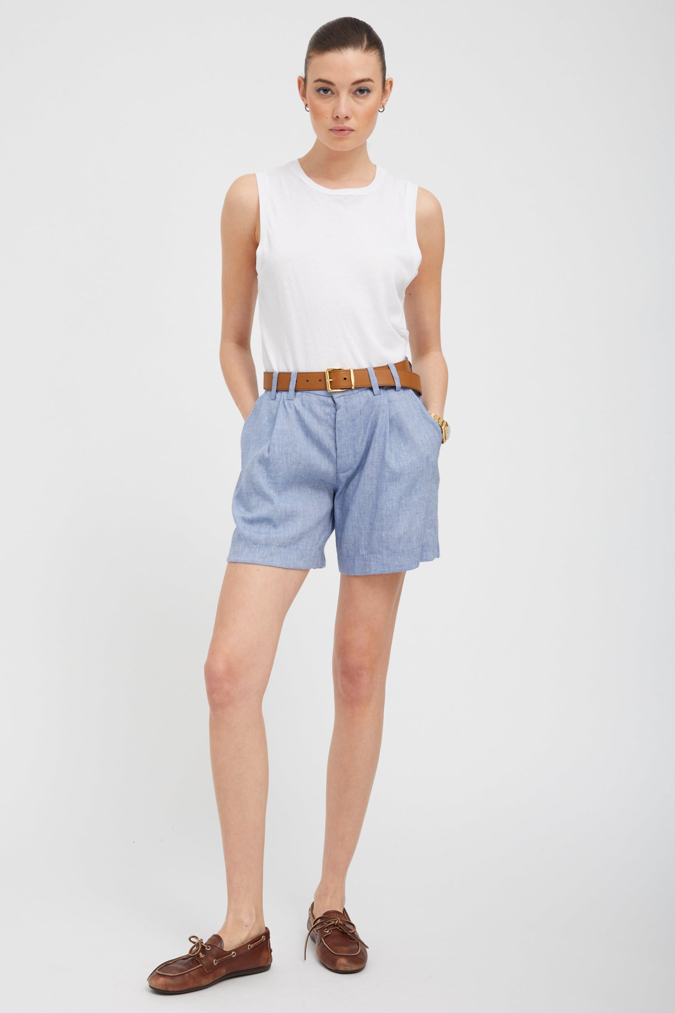 Blue Linen Pleated Trouser Shorts