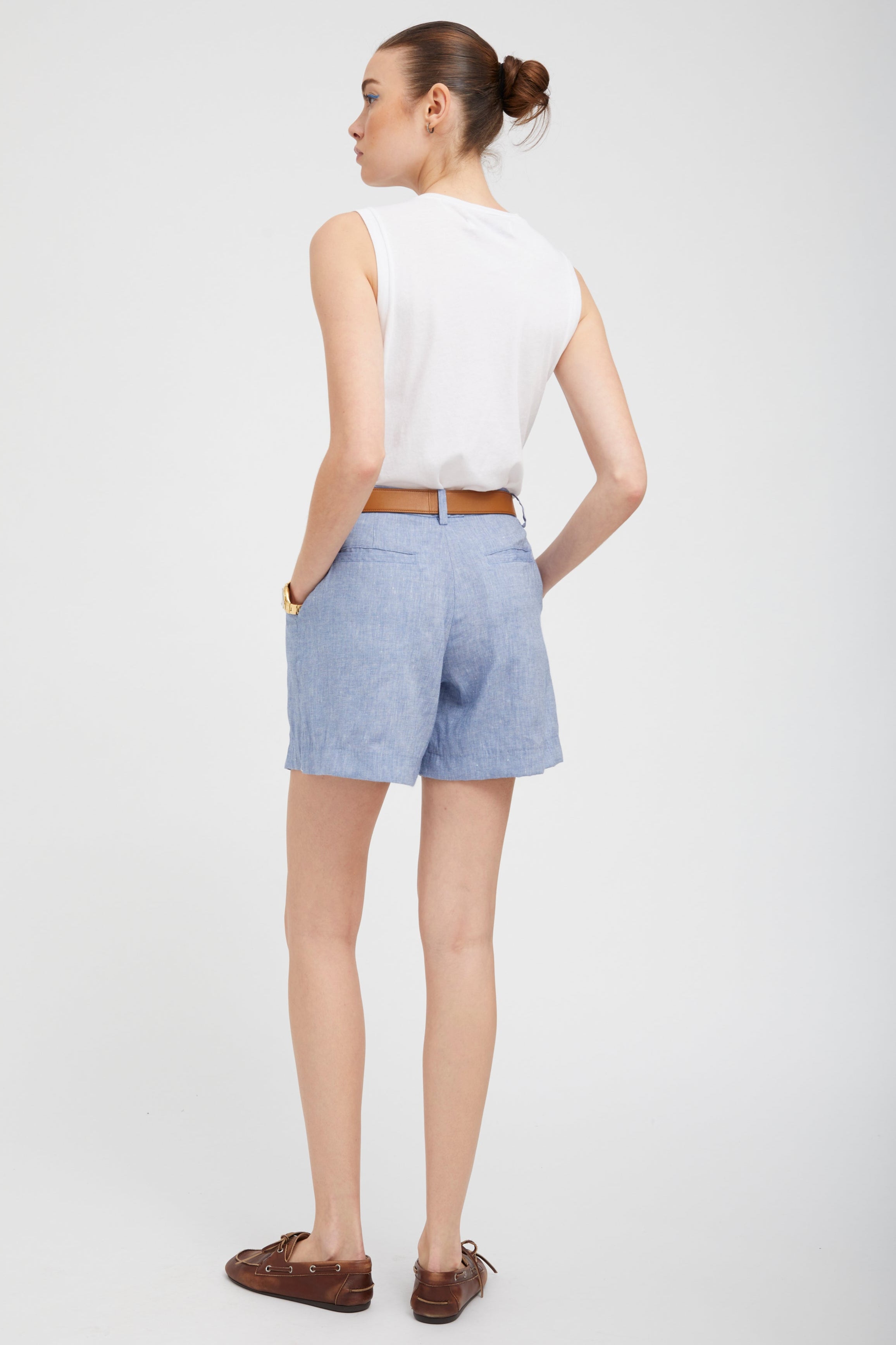 Blue Linen Pleated Trouser Shorts