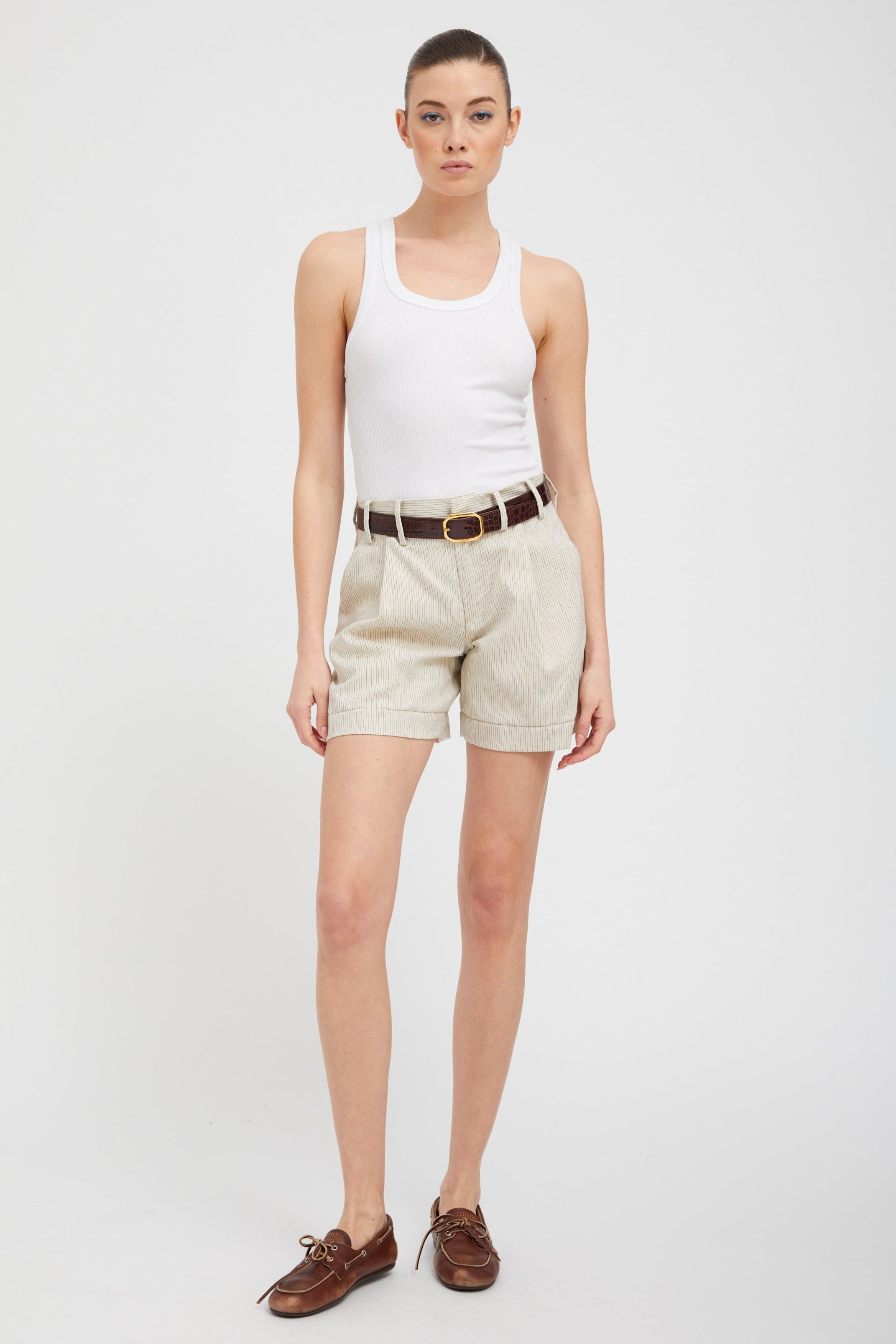 Black & White Striped Linen Pleated Trouser Shorts