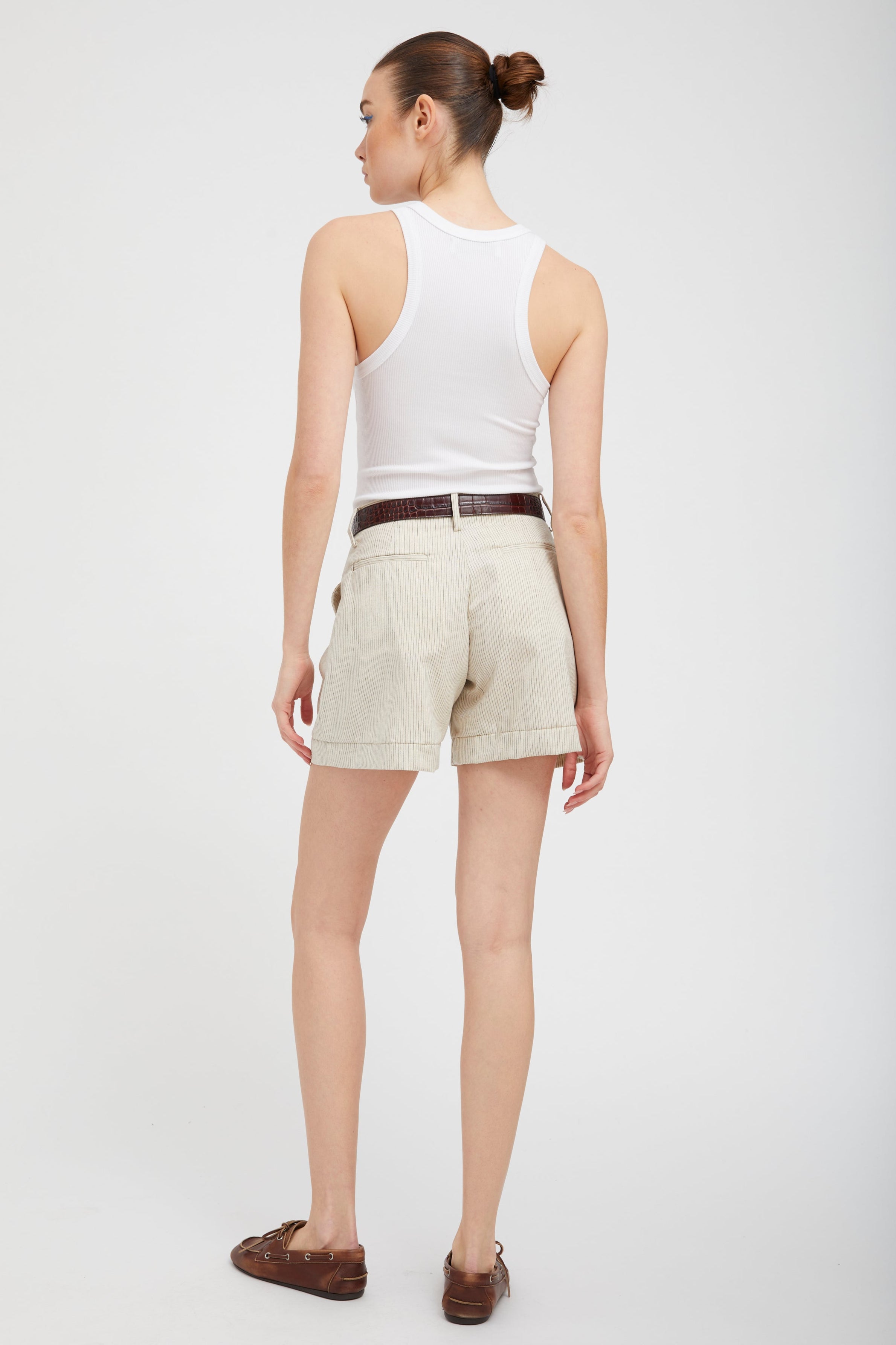 Black & White Striped Linen Pleated Trouser Shorts