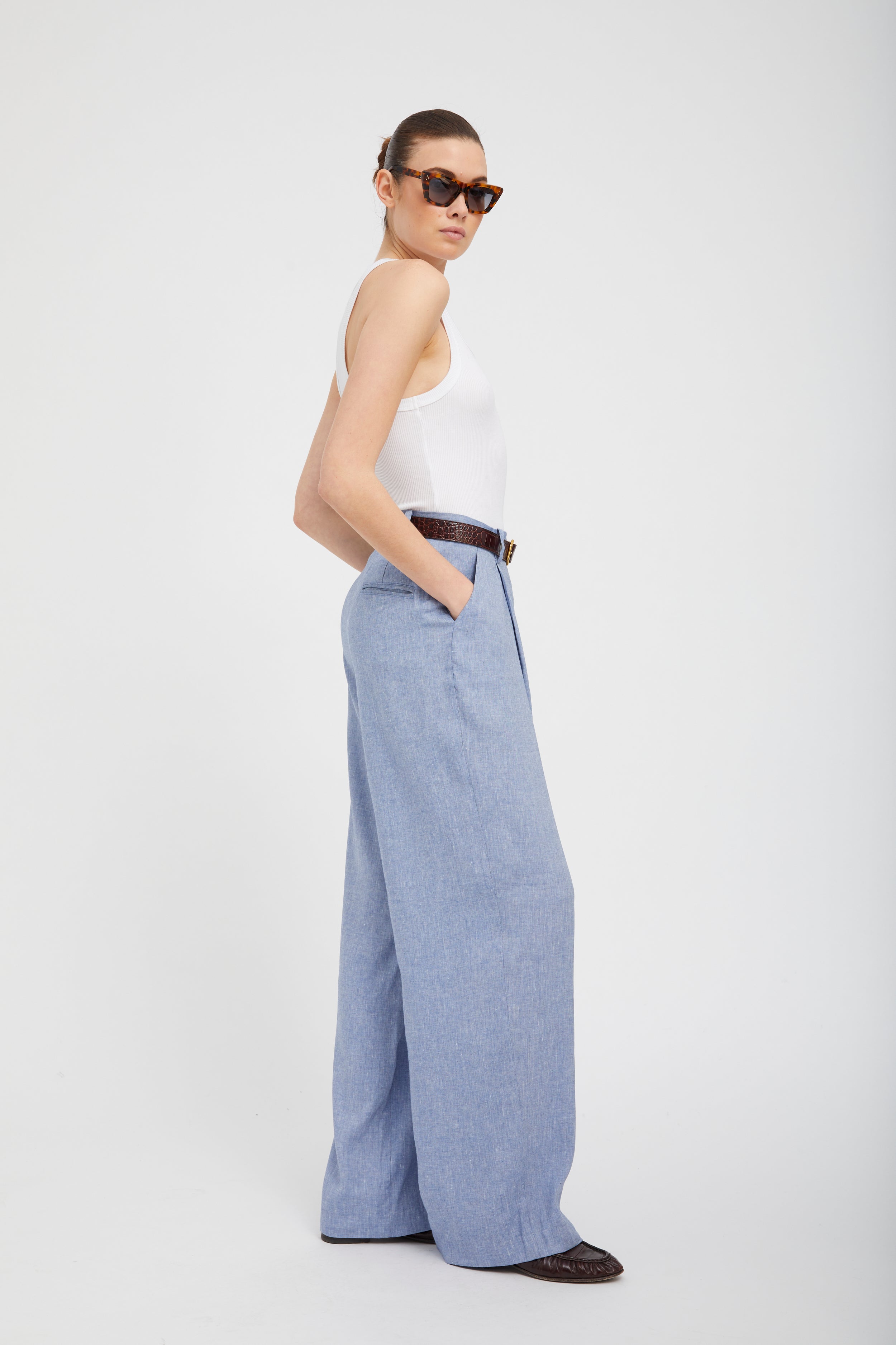 Blue Linen Paloma Pleated Trousers