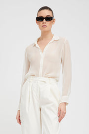 White Crinkle Chiffon Fitted Button Down
