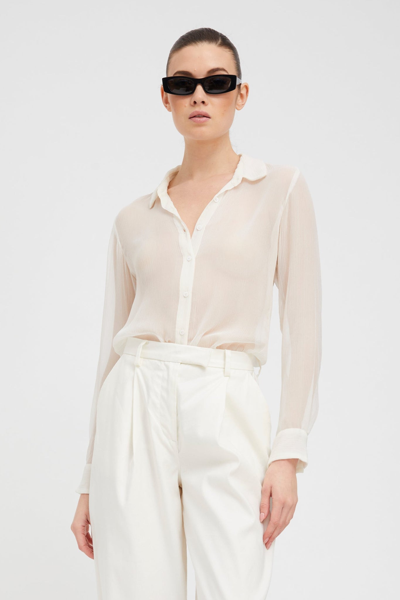 White Crinkle Chiffon Fitted Button Down