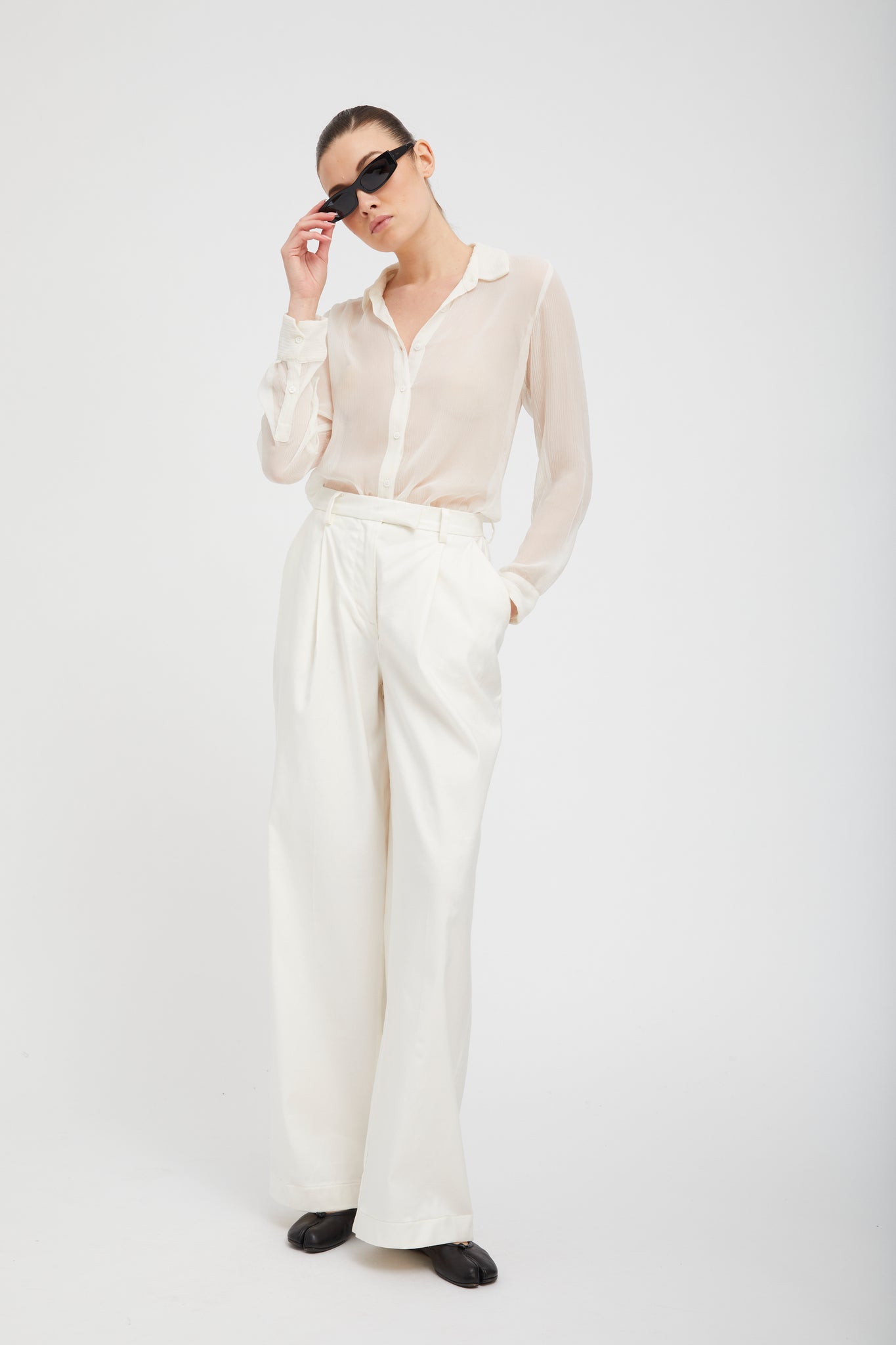 White Crinkle Chiffon Fitted Button Down