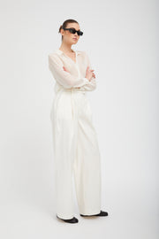 White Crinkle Chiffon Fitted Button Down