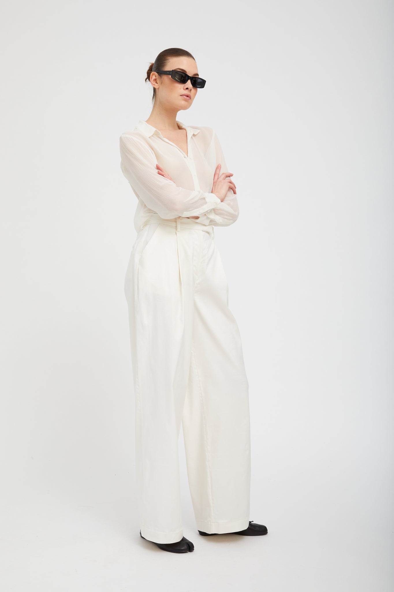 White Crinkle Chiffon Fitted Button Down