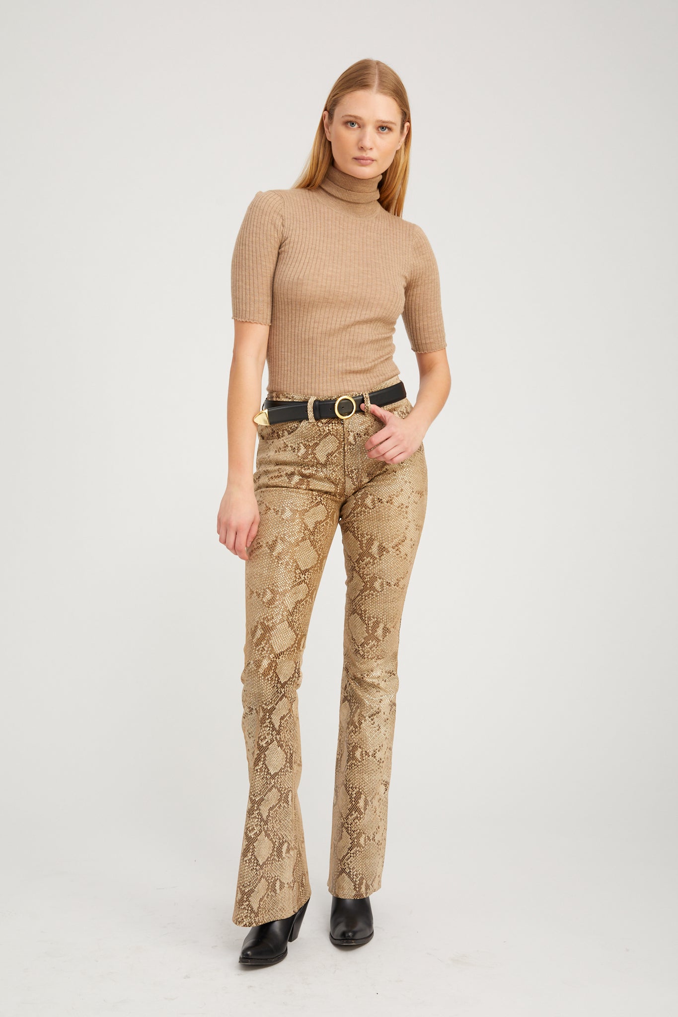 Beige Python Leather 5 Pocket Micro Flare