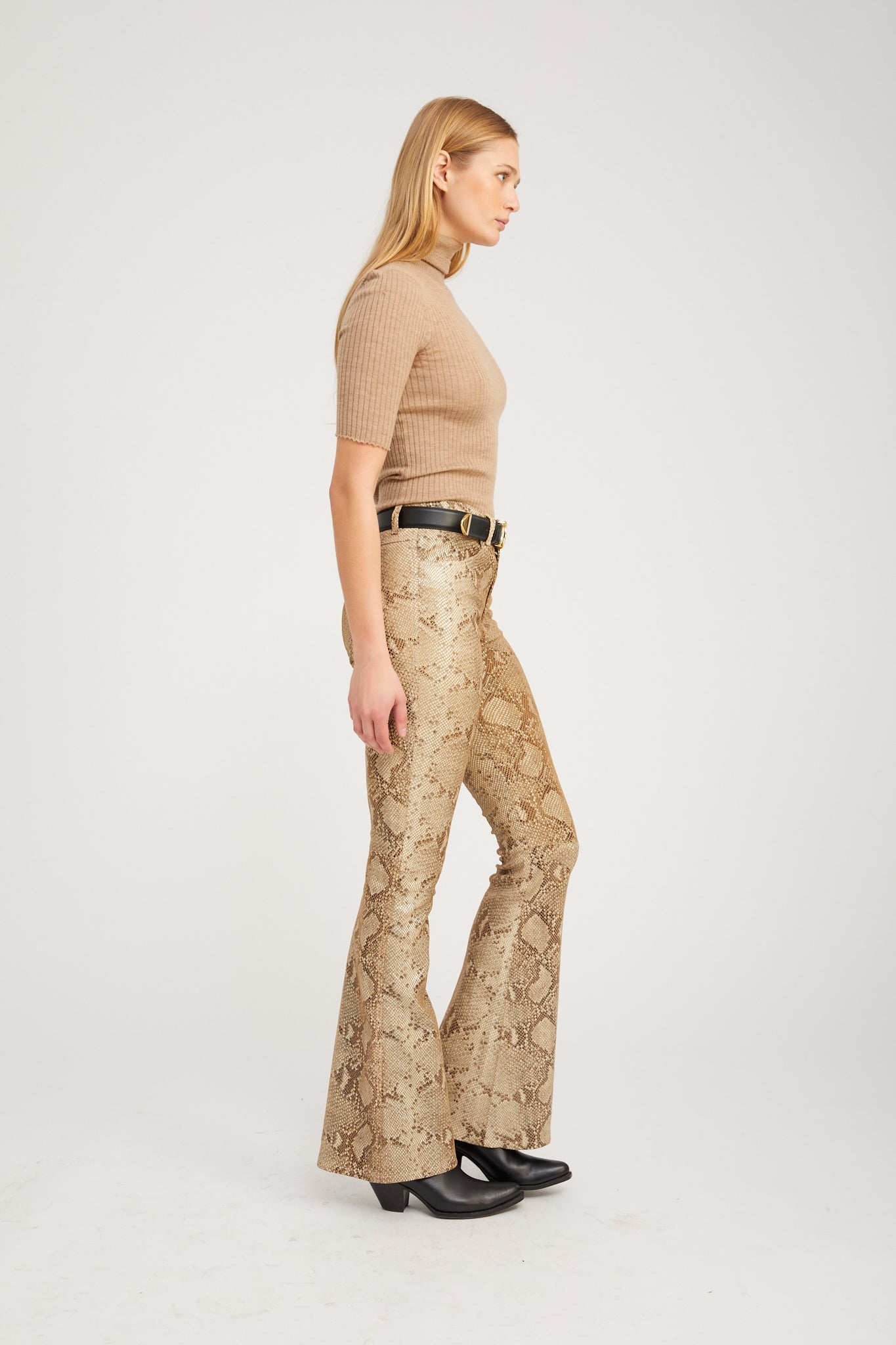 Beige Python Leather 5 Pocket Micro Flare