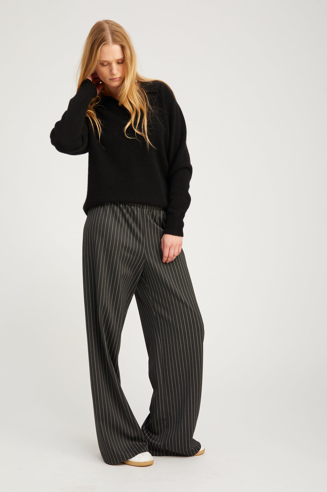 Black Pinstripe Wide Leg Easy Pants