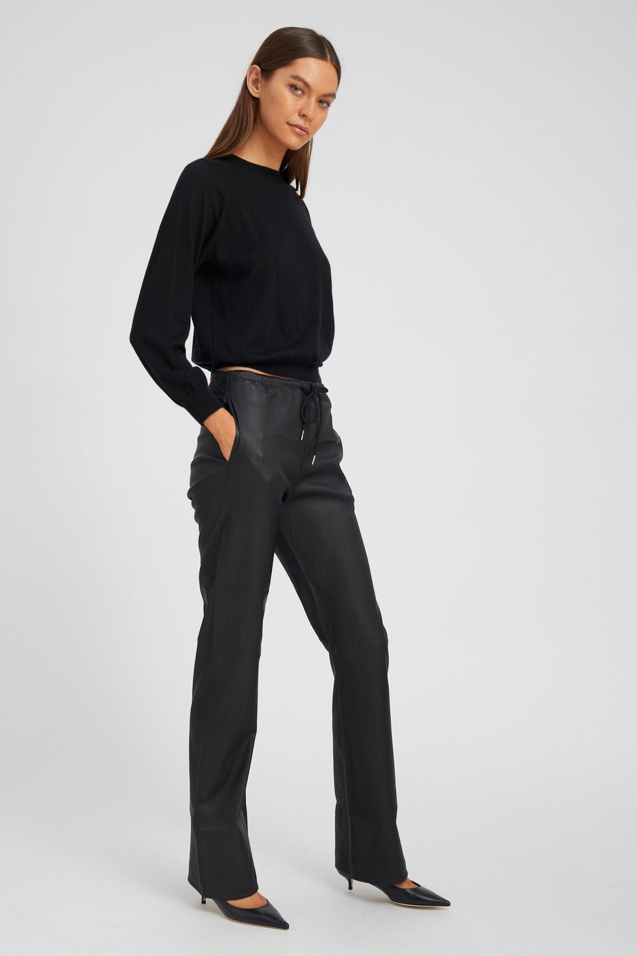 Black Leather Straight Leg Pants
