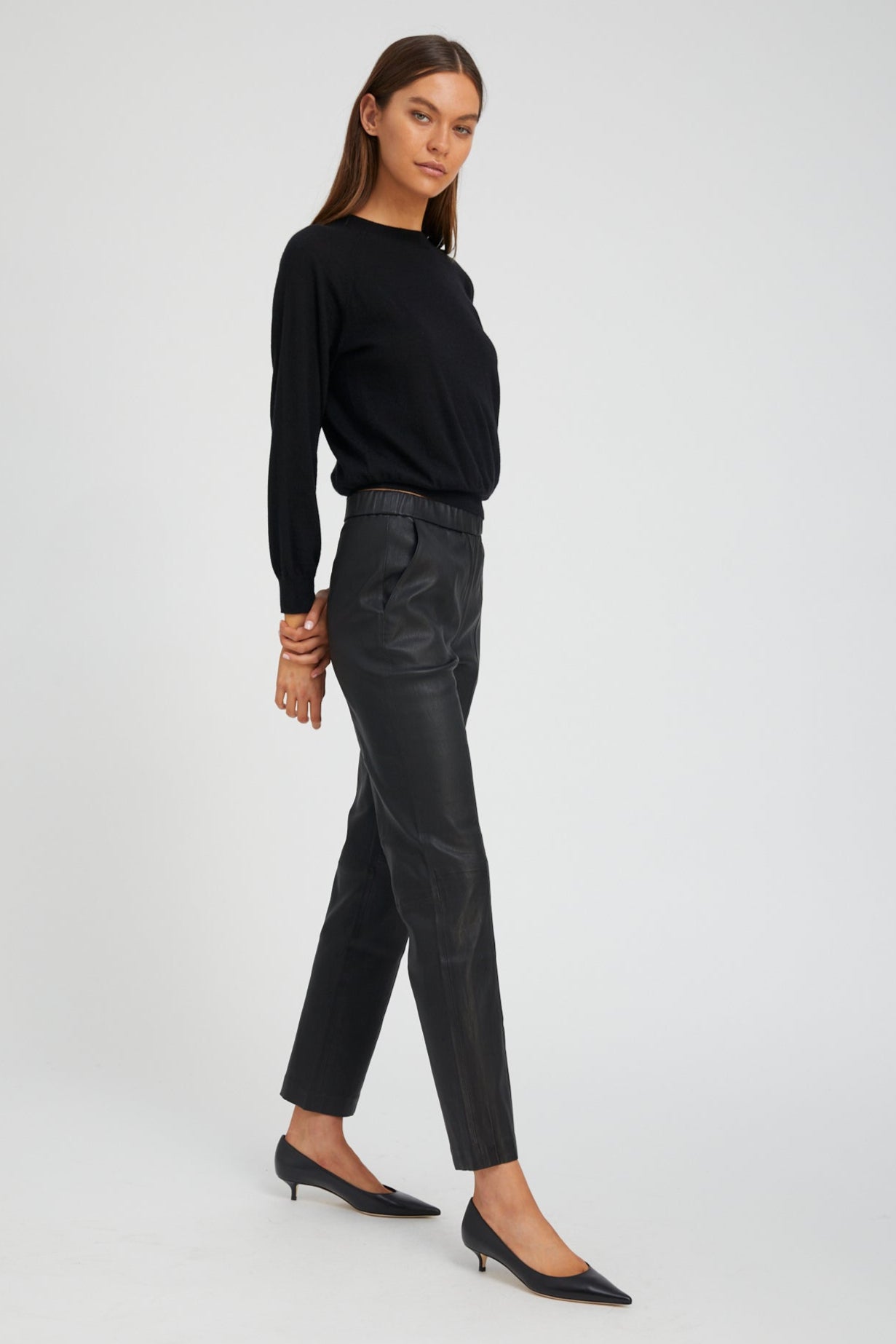 Black Leather Sophia Pintuck Joggers