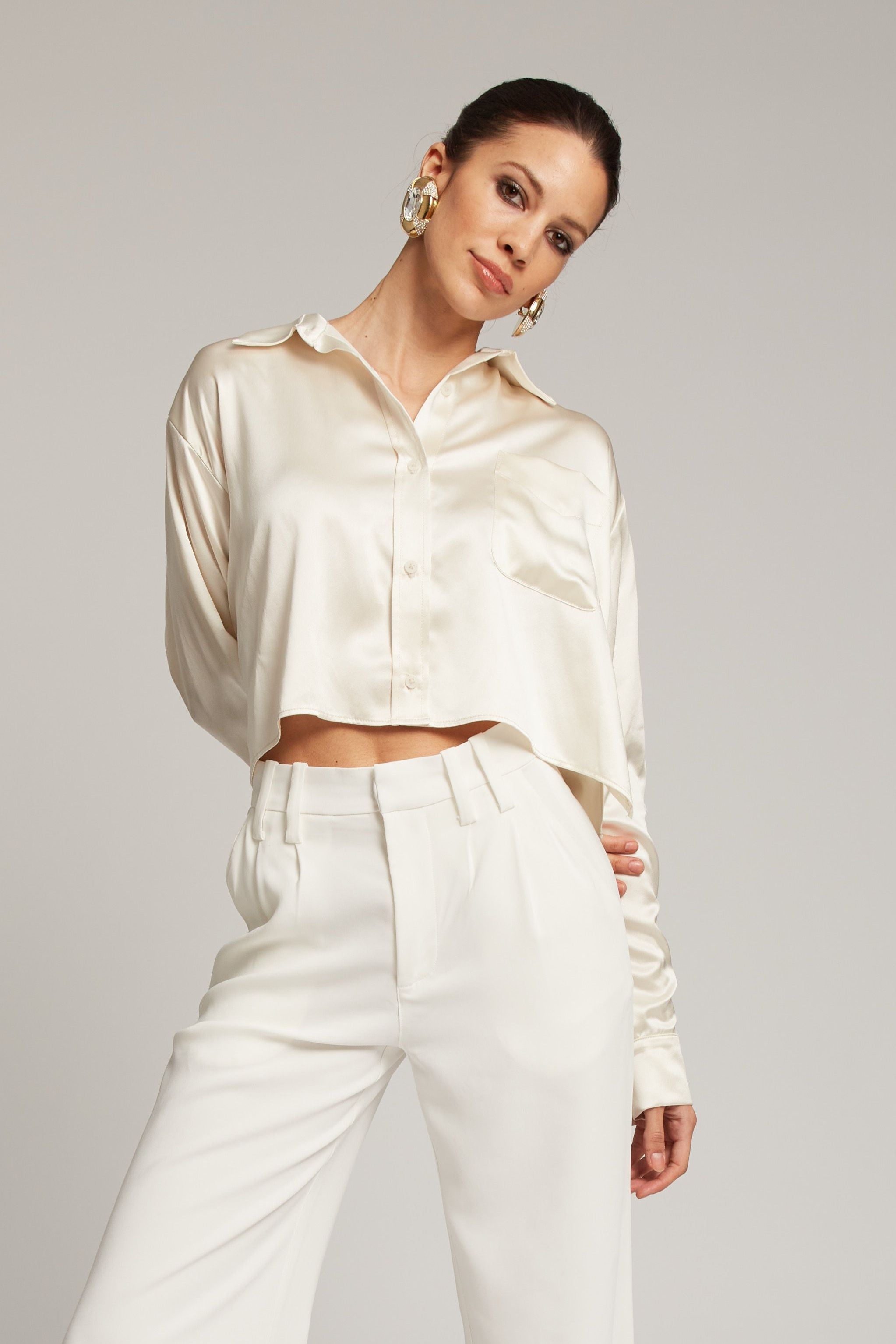 Ivory Silk Cropped Button Down