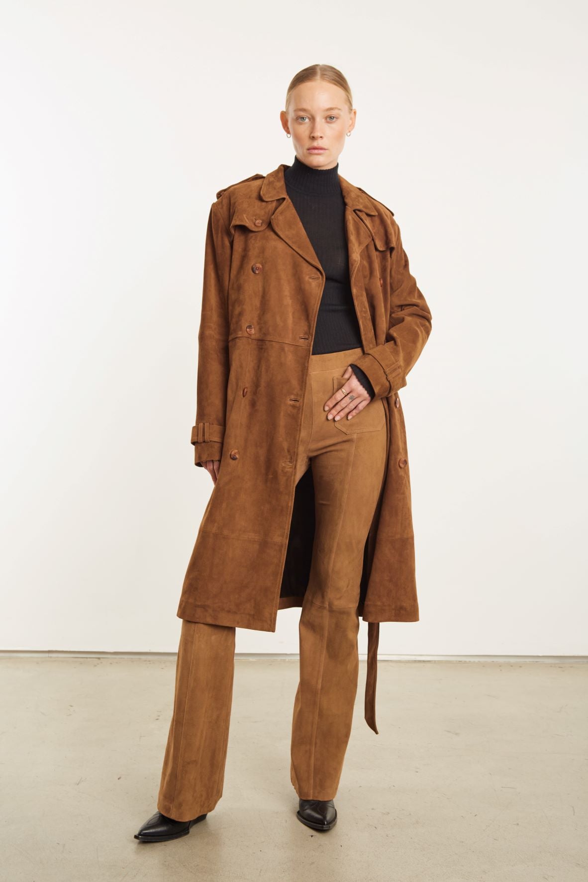 Dark Cognac Suede Patch Pockets Super Flare Pants