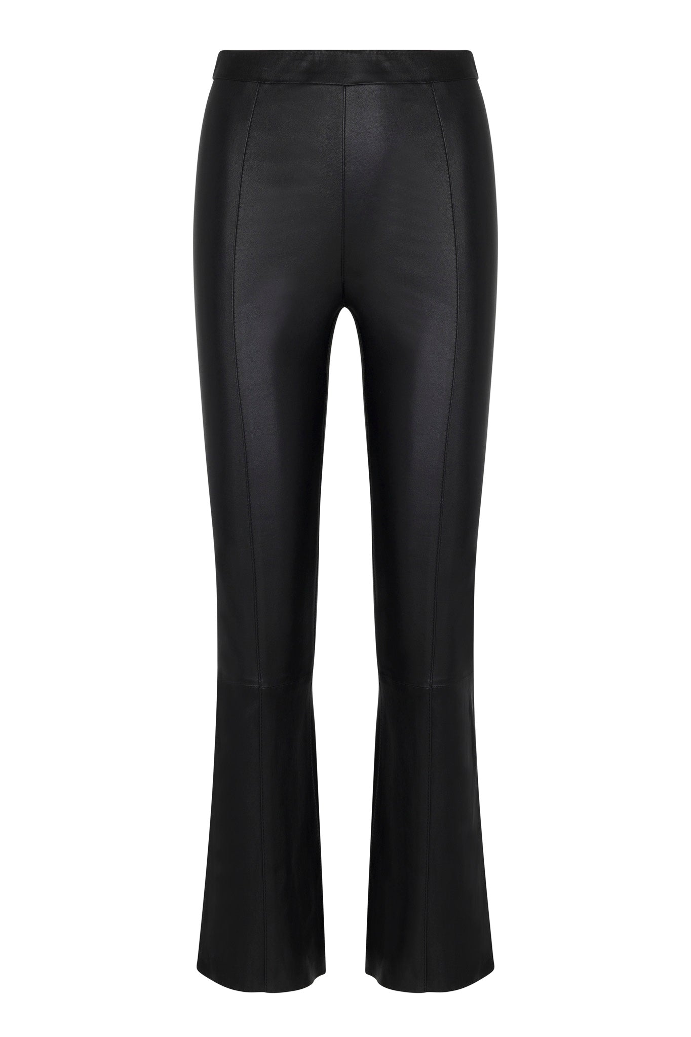 Black Leather Ankle Flare Pants with Princess Seams
