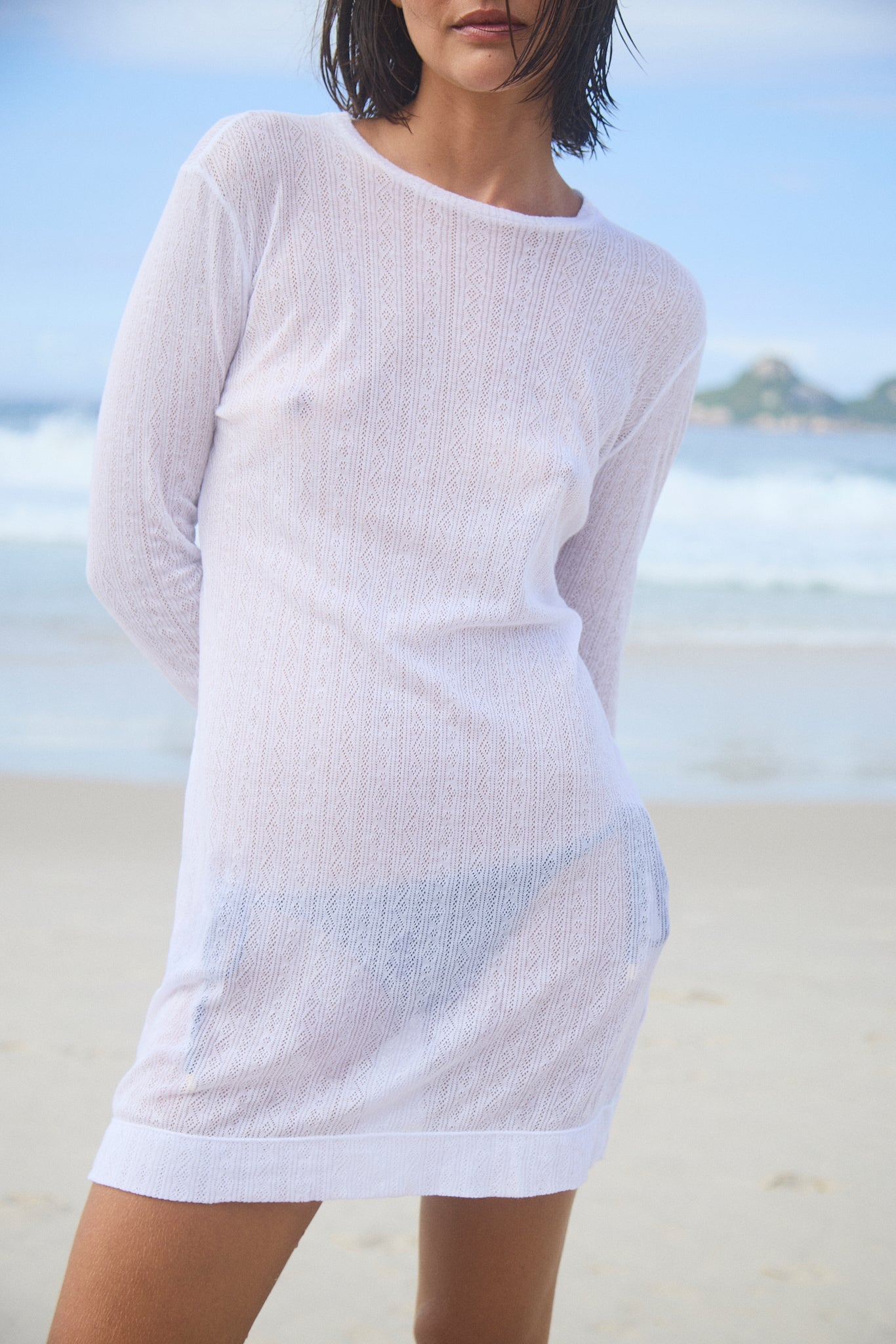 White Pointelle Long Sleeve Mini Dress