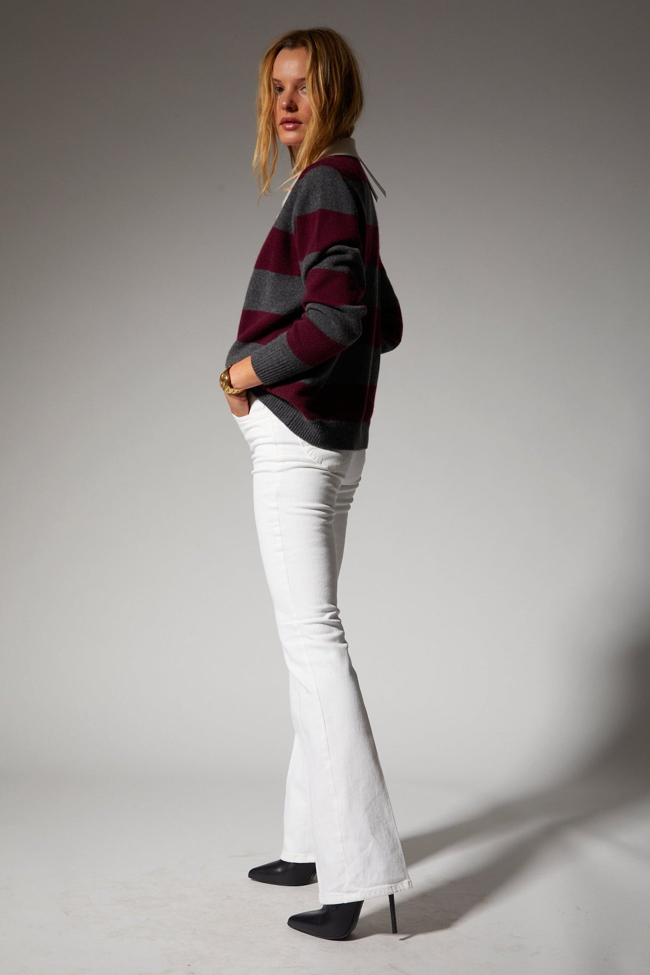 Wine Striped Cashmere Polo Sweater