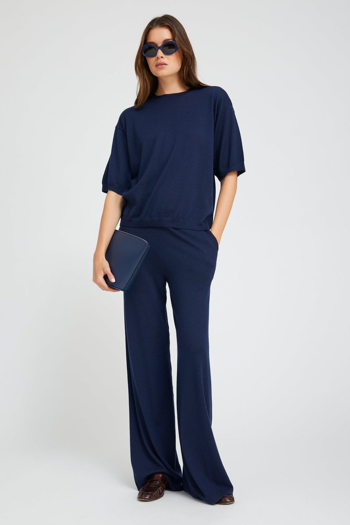 Navy Cashmere Wide Leg Pants