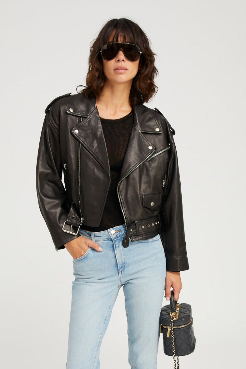 Black Leather Eyelet Lace-Up Moto Jacket
