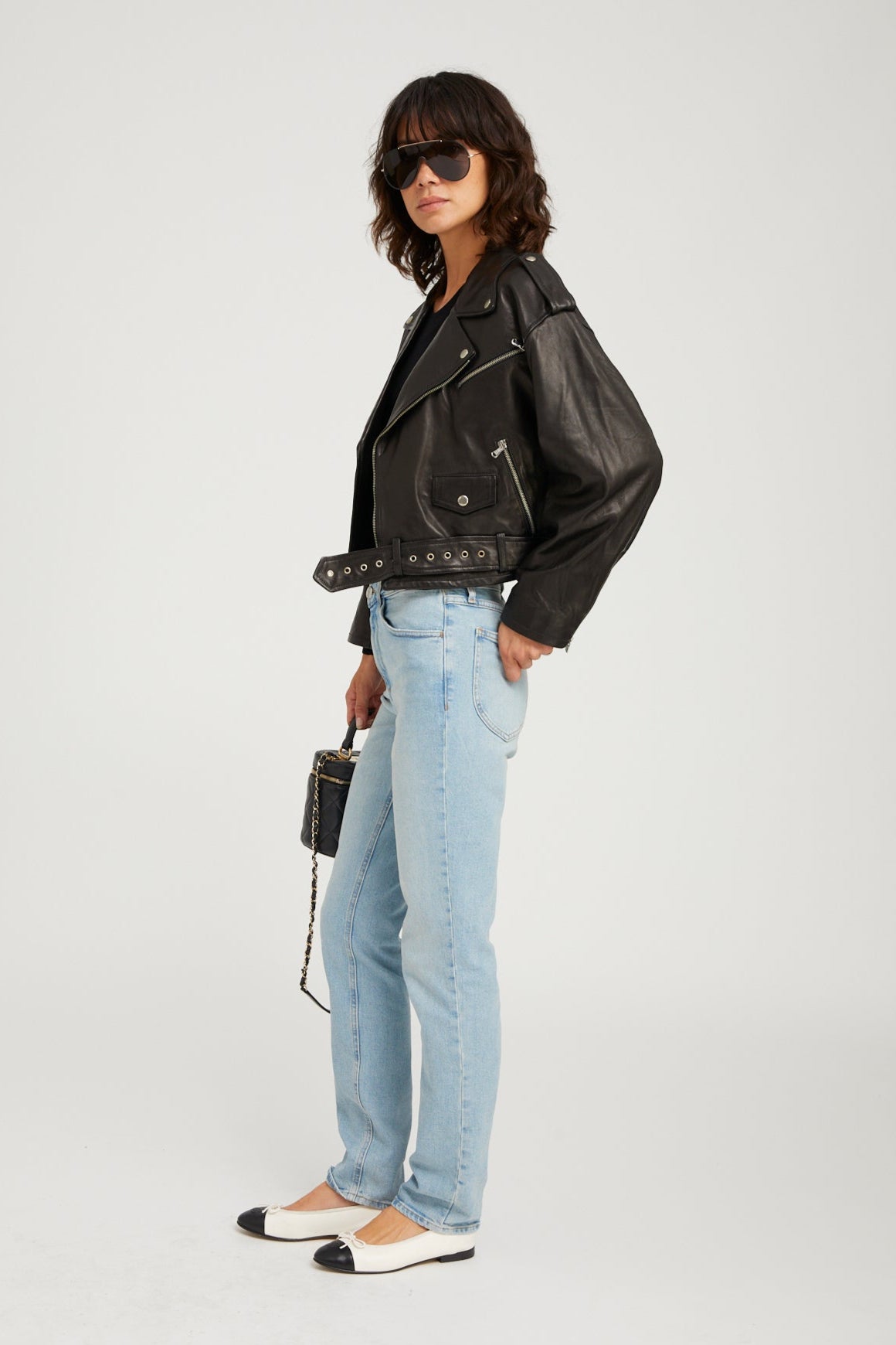 Black Leather Eyelet Lace-Up Moto Jacket
