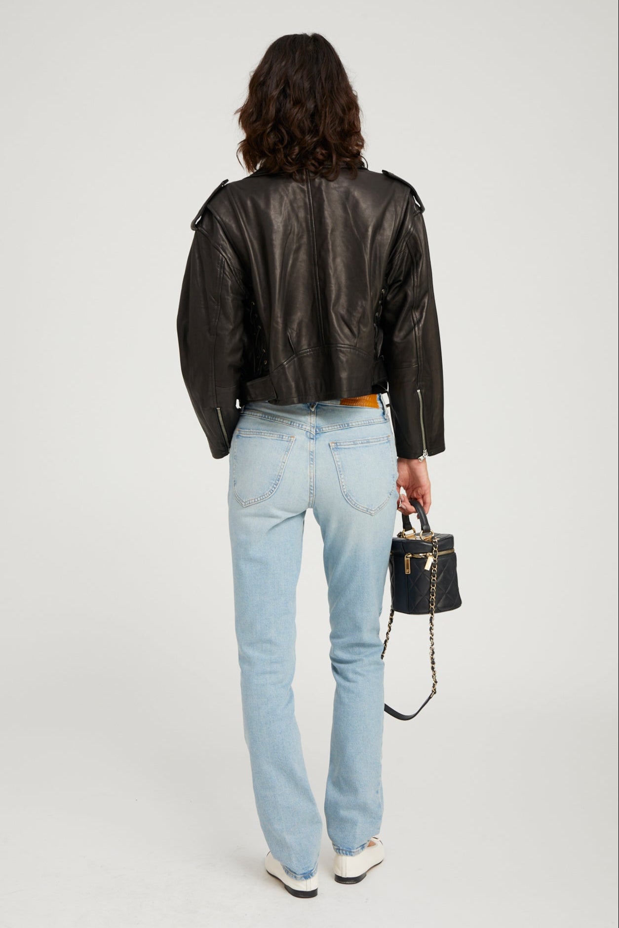 Black Leather Eyelet Lace-Up Moto Jacket