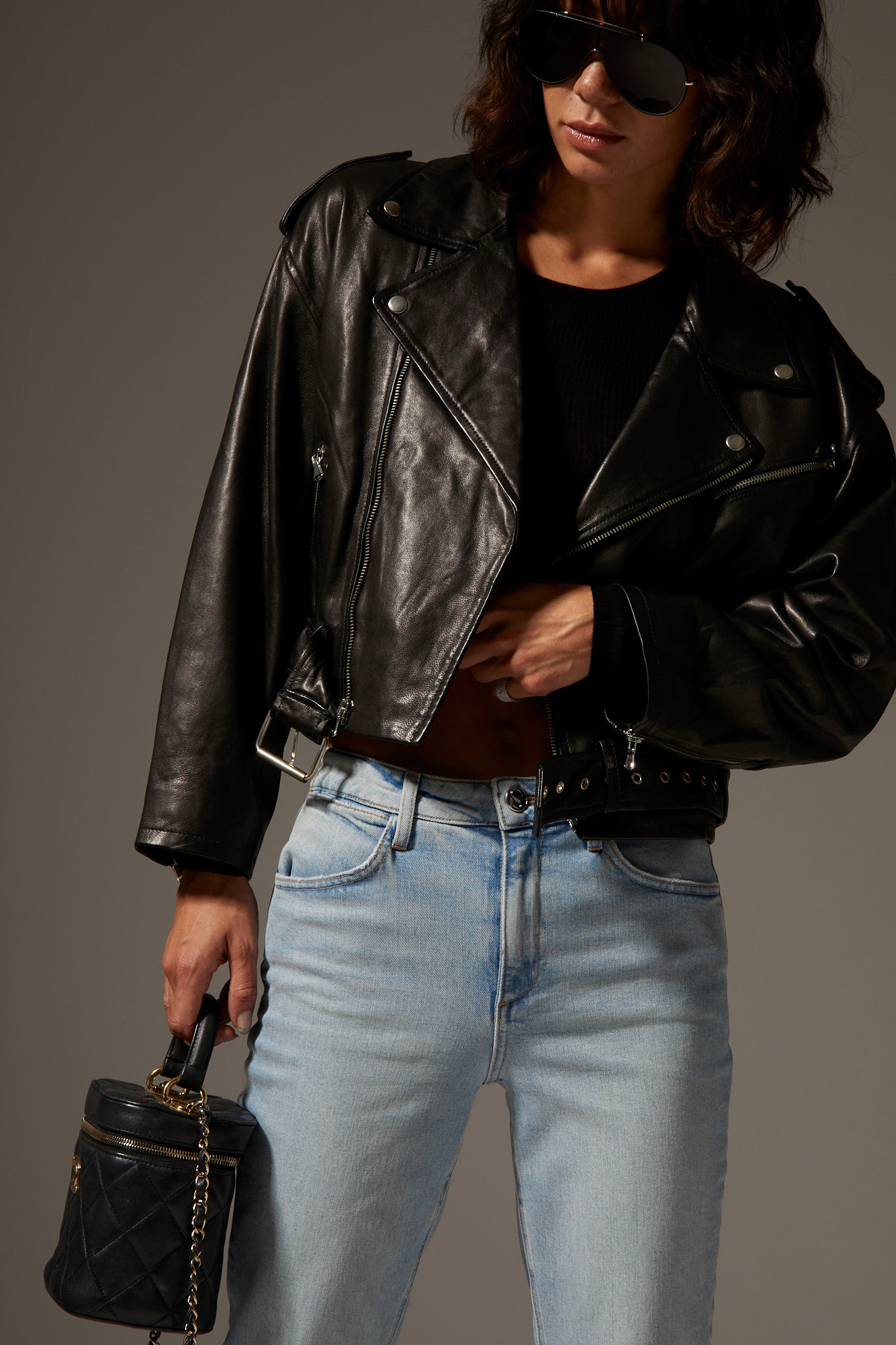 Black Leather Eyelet Lace-Up Moto Jacket