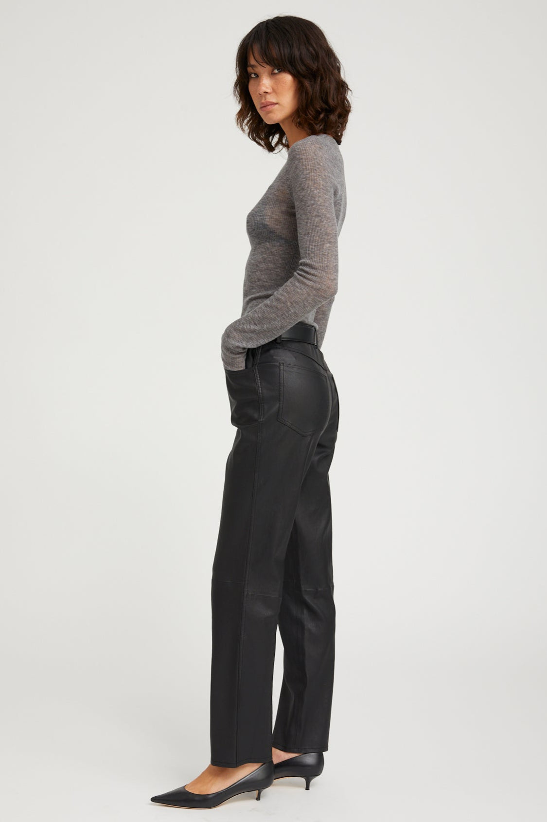 Black Leather 5 Pocket Ankle Slim Straight