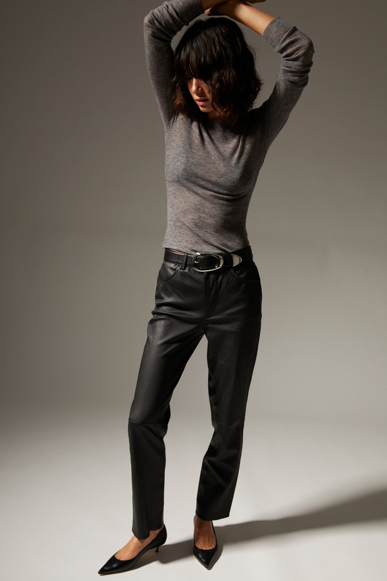 Black Leather 5 Pocket Ankle Slim Straight