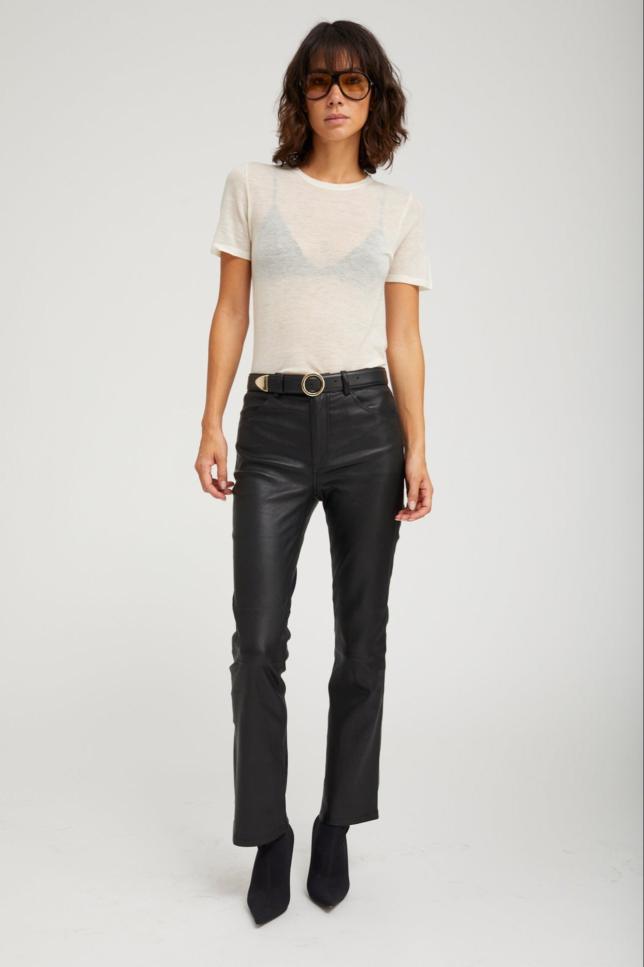 Black Leather 5 Pocket Ankle Flare